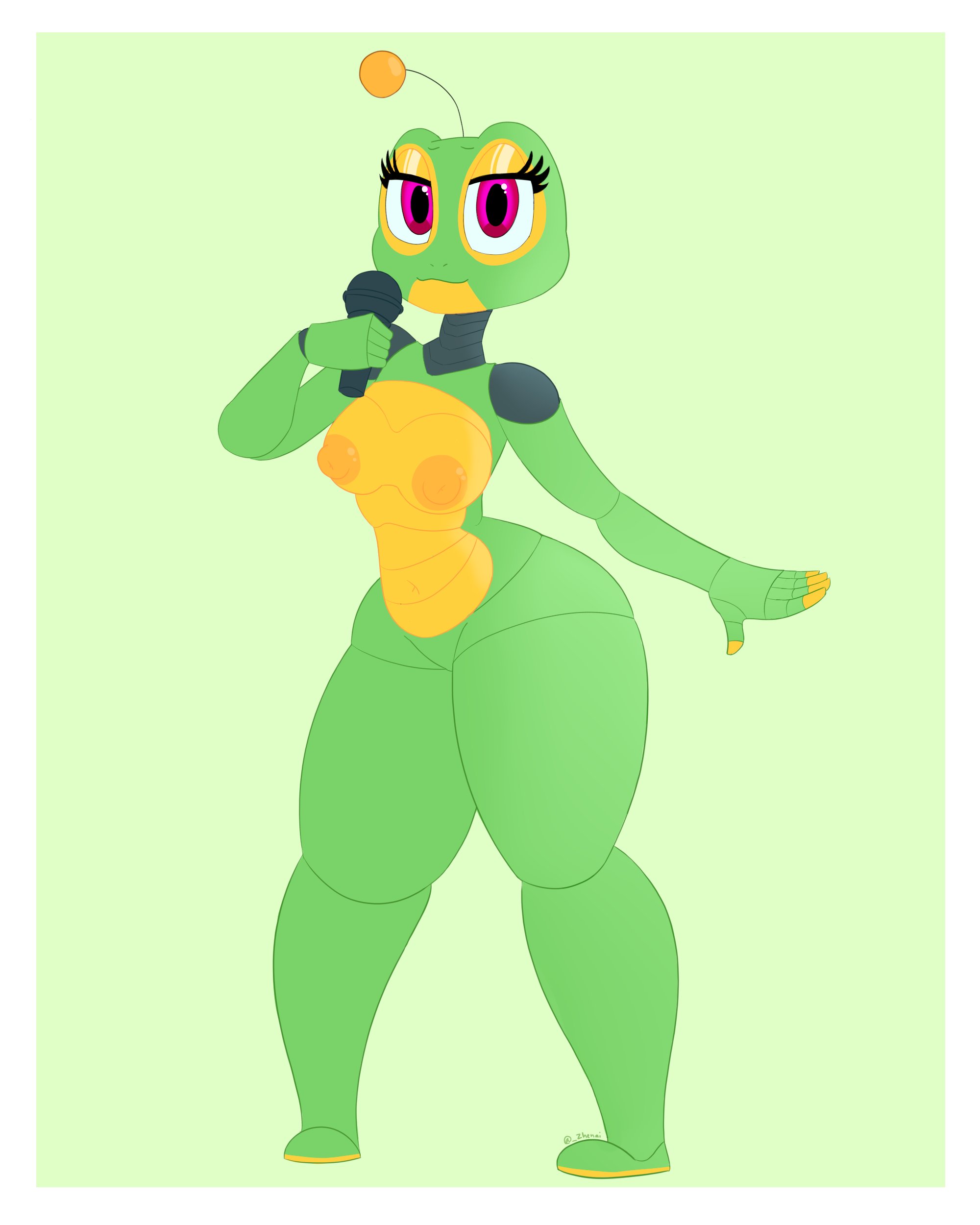 animatronic, big hips, completely nude, female, five nights at freddy's, fnaf, frog, frog girl, green skin, happy frog, large hips, microphone, nipples, nude, pink eyes, solo