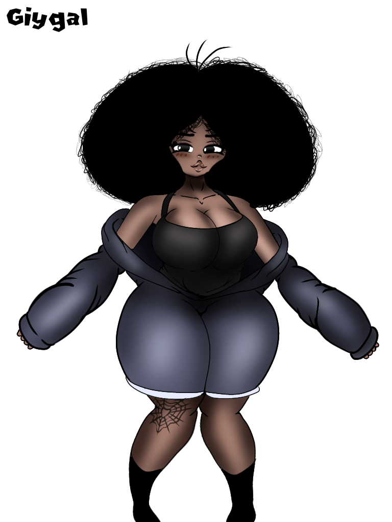 :3 black_female blue_coat curly_hair cute giygal heart_tattoo rochelle_(giygal) smoochable