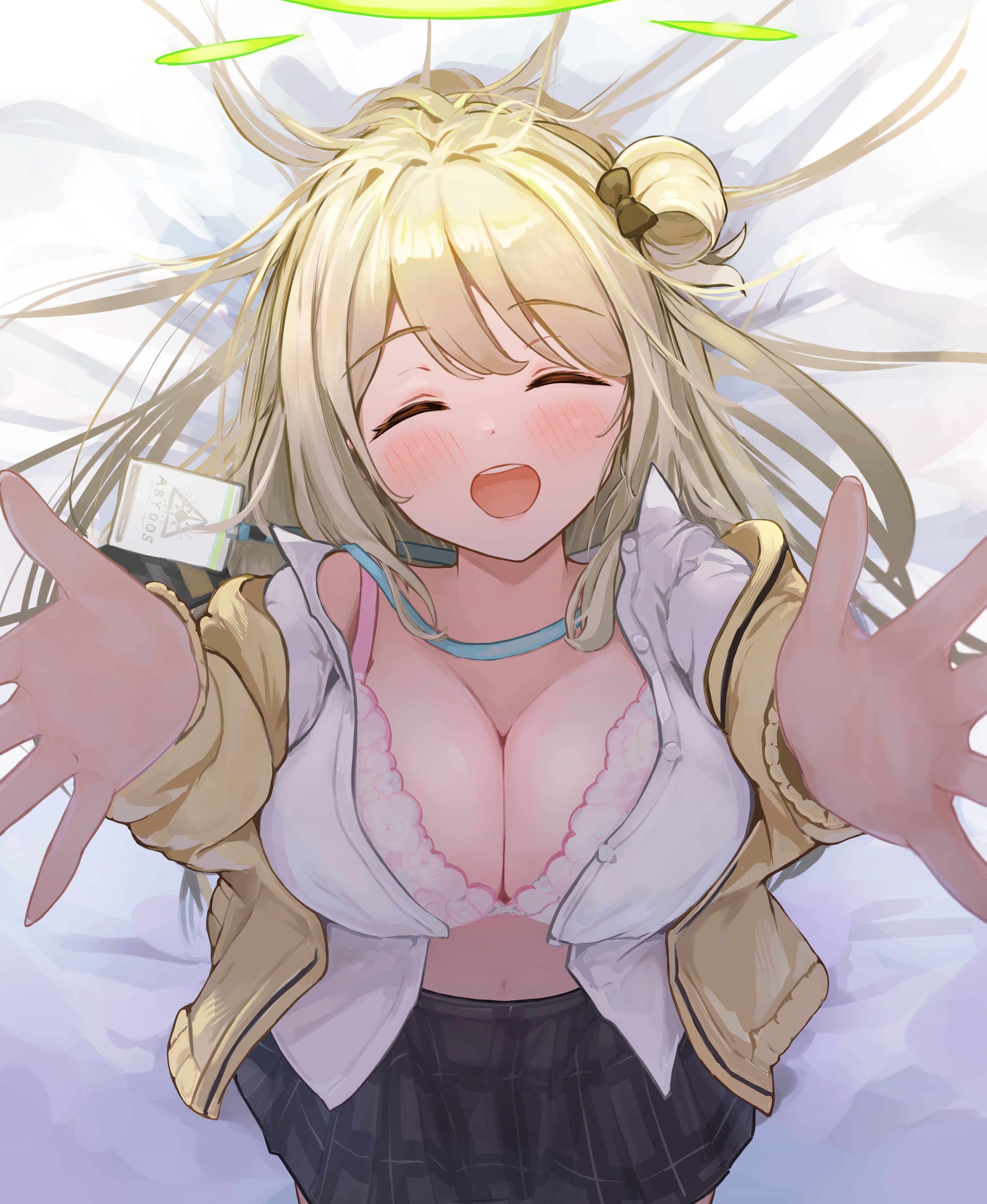1girls, abydos high school student, bed sheet, blonde hair, blue archive, blush, bra, closed eyes, cuddling, eyebrows visible through hair, female, female only, foreclosure task force (blue archive), happy, light skin, light-skinned female, nonomi (blue archive), on bed, pink bra, pov, ryh4 (tripsug4r), skirt, smile, solo, unbuttoned, unbuttoned shirt, white bed sheet, wholesome