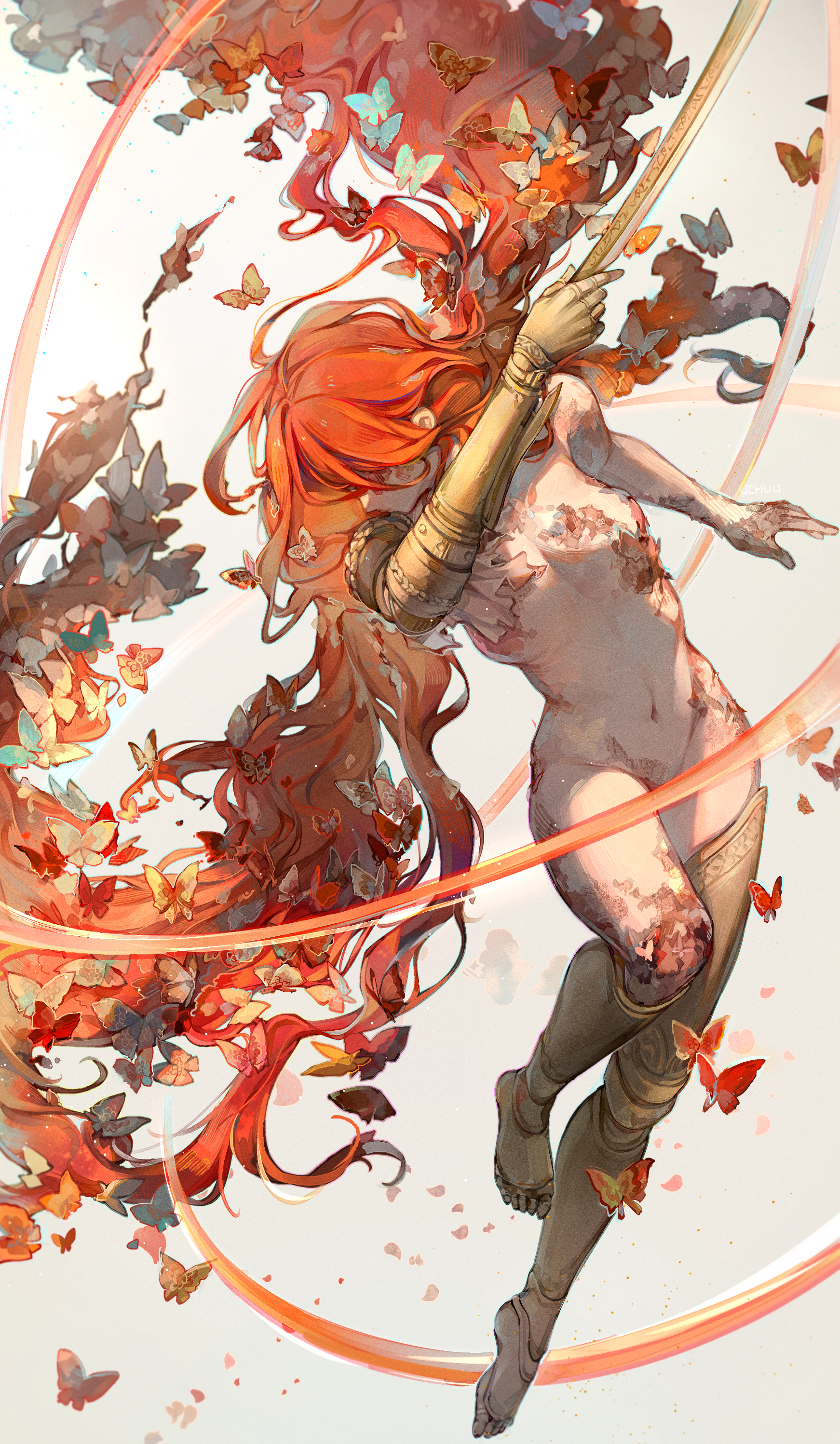 absurd res, big breasts, breasts, elden ring, eyes covered, female, fromsoftware, helmet, helmet over eyes, large filesize, malenia blade of miquella, milf, no nipples, nude, prosthetic, prosthetic arm, prosthetic limb, red hair, very high resolution