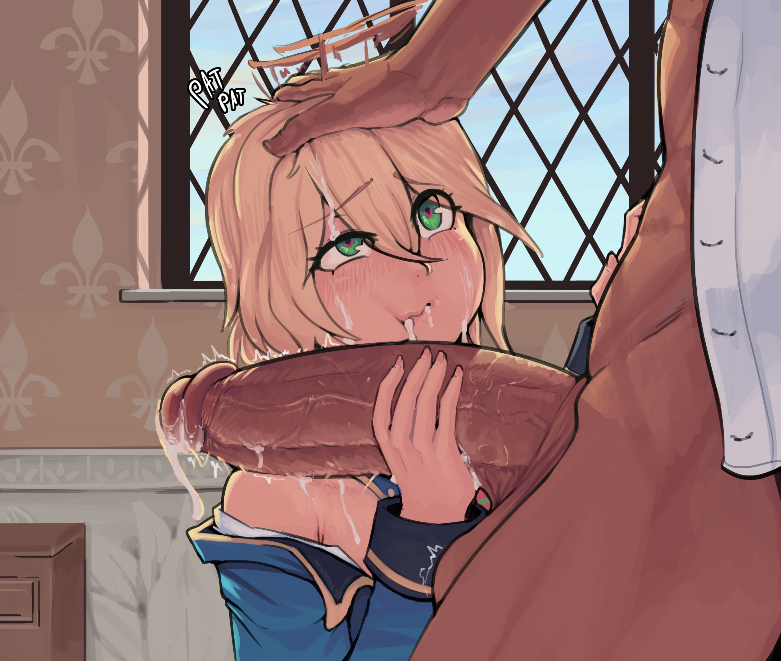 <3, 1boy, 1girls, 2023, 2d, after blowjob, after fellatio, after oral, arc system works, big penis, blazblue, blonde, blonde female, blonde hair, boxman, bukkake, cock, cum, cum in mouth, cum on face, cum on hair, dark skin, dark-skinned male, dick, female, green eyes, head pat, heart eyes, heart-shaped pupils, huge cock, huge penis, interracial, large penis, light skin, light-skinned female, male, male/female, mouth full of cum, noel vermillion, patting head, penis, tagme, thick penis