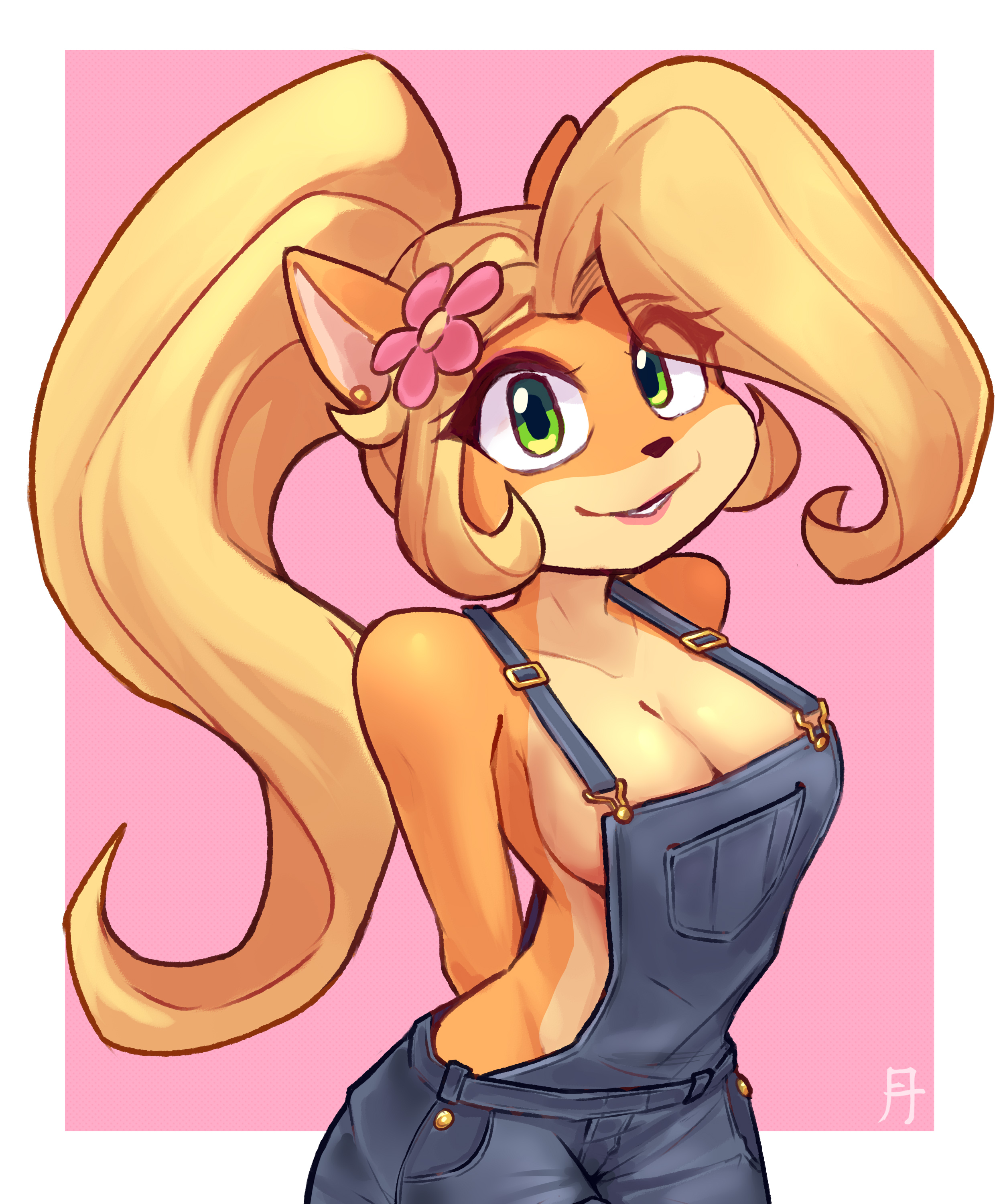 1girls, 2023, accessory, activision, alex toons, anthro, arms behind back, bandicoot, blonde hair, border, breasts, casual, cleavage, clothing, coco bandicoot, countershade face, countershade torso, countershading, crash (series), crash bandicoot (series), digital drawing (artwork), digital media (artwork), ear piercing, earrings, female, female only, flower, flower in hair, furry, green eyes, hair, hair accessory, hair ornament, hands behind back, long hair, looking at viewer, mammal, marsupial, medium breasts, multicolored body, multicolored face, multicolored skin, orange body, orange skin, outerwear, overalls, overalls only, piercing, pink background, ponytail, portrait, simple background, smile, smiling at viewer, solo, solo female, tan body, tan countershading, tan skin, three-quarter portrait, tied hair, two-tone body, two-tone face, two-tone skin, white border