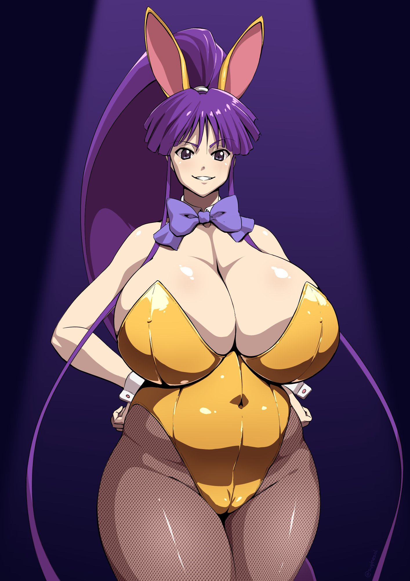 1girls, asian, asian bimbo, asian female, bimbo, breasts, bunnysuit, cameltoe, cleavage, curvy, eiken, female, fishnets, huge breasts, kirika misono, light skin, light-skinned female, paag, pale skin, pale-skinned female, playboy bunny, ponytail, purple hair, pussy, smirk, suphesol, thick thighs, voluptuous