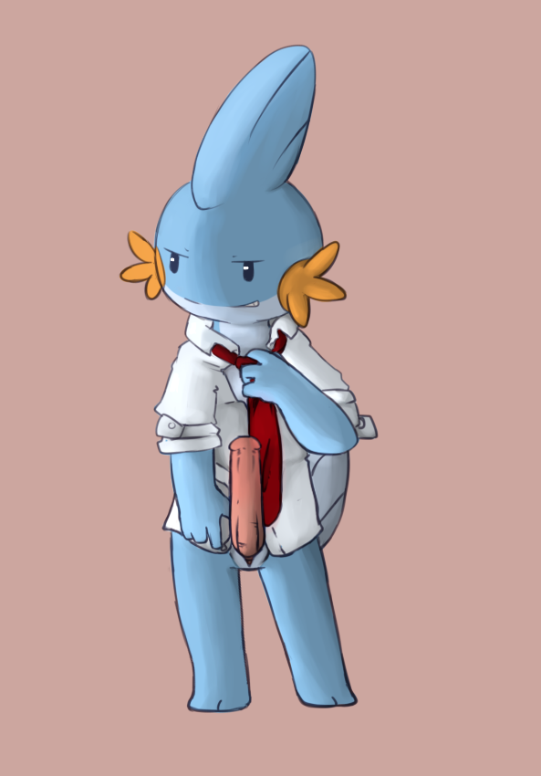 1boy 3_toes 4_fingers animal_genitalia animal_penis anthro anthro_only blue_body blue_skin bottomless bottomless_male business_casual collared_shirt cuffs erection fins game_freak genital_slit genitals grin grinning headfins luke_the_mudkip male male_only moonlight-kat mudkip nintendo nude original_character pantsless penis pink_penis pokemon pokemon_(species) prehensile_penis pulling_tie red_tie shirt simple_background slit smile smiling solo standing tail teeth tie tying tying_tie white_body white_shirt white_skin