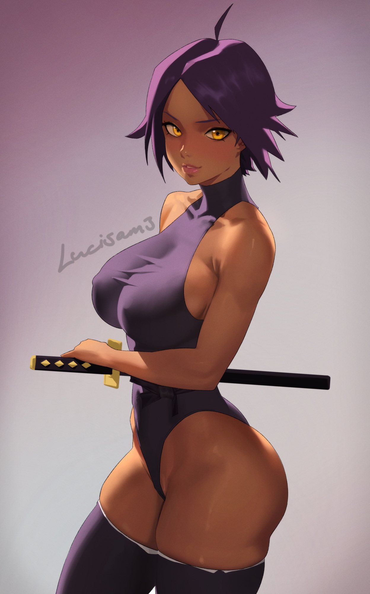 1girls, 2023, bleach, breasts, curvaceous, curvy female, curvy figure, female, hi res, huge breasts, looking at viewer, lucisam, mature female, shihouin yoruichi, solo female, violet hair, voluptuous, voluptuous female