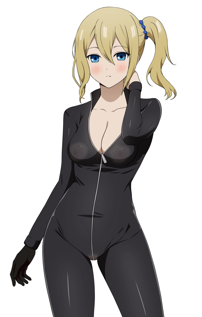 1girls accurate_art_style blonde_hair blue_eyes blush bodysuit cleavage coro_fae female female_only front_zipper hayasaka_ai human kaguya-sama_wa_kokurasetai_~tensai-tachi_no_renai_zunousen~ nipples nipples_visible_through_clothing official_style pussy pussy_visible_through_clothes see-through see-through_clothing side_ponytail solo third-party_edit translucent_clothing zipper zipper_down