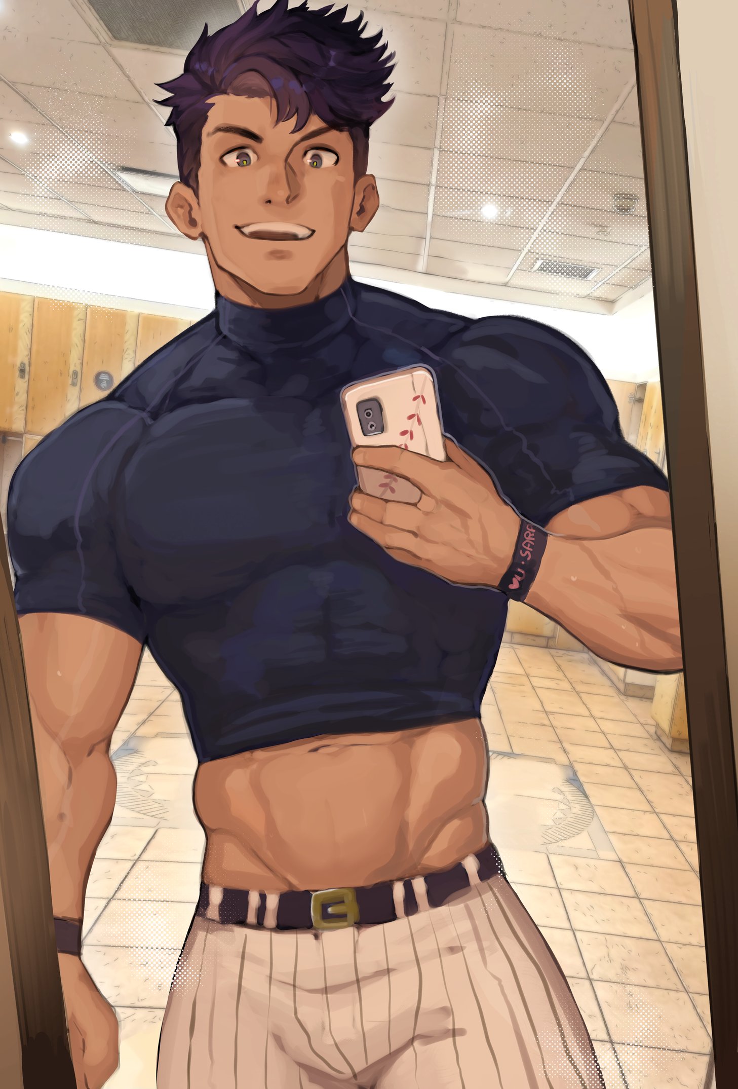 1boy, abs, biceps, big muscles, clothed, compression shirt, gym, locker room, looking at viewer, male, male only, mirror selfie, muscle shirt, muscles, muscular, muscular arms, muscular chest, muscular male, pecs, phone, purple hair, robokeh, selfie, shirt lift, shirt up, skin tight, smile, smiling at viewer, solo, solo male, standing, tight clothing, wristband