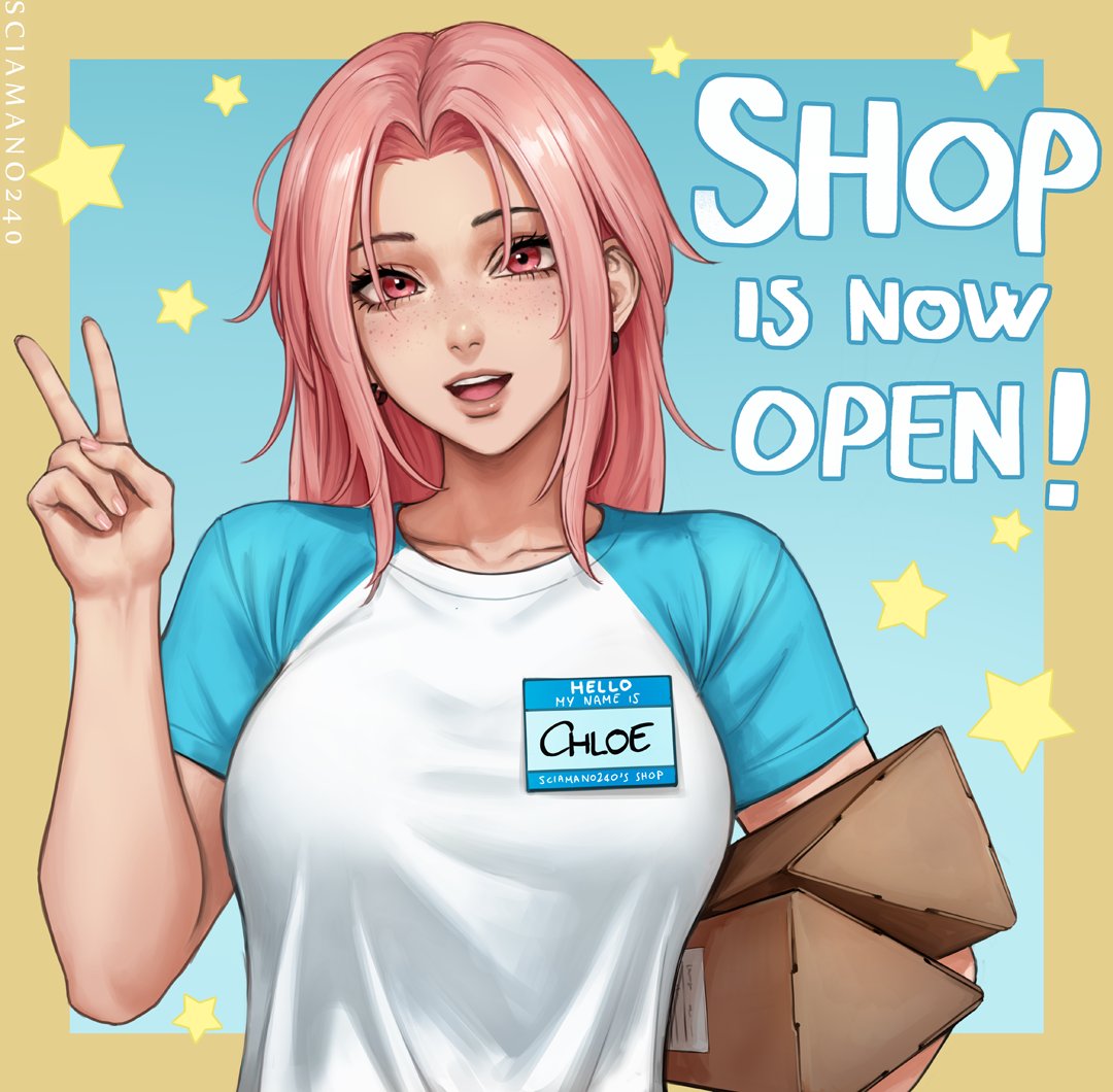 advertisement big_breasts chloe_(sciamano240) hi_res looking_at_viewer mirco_cabbia oc open_mouth original original_character peace_sign pink_eyes pink_hair sciamano240 smile smiling smiling_at_viewer t-shirt twitter