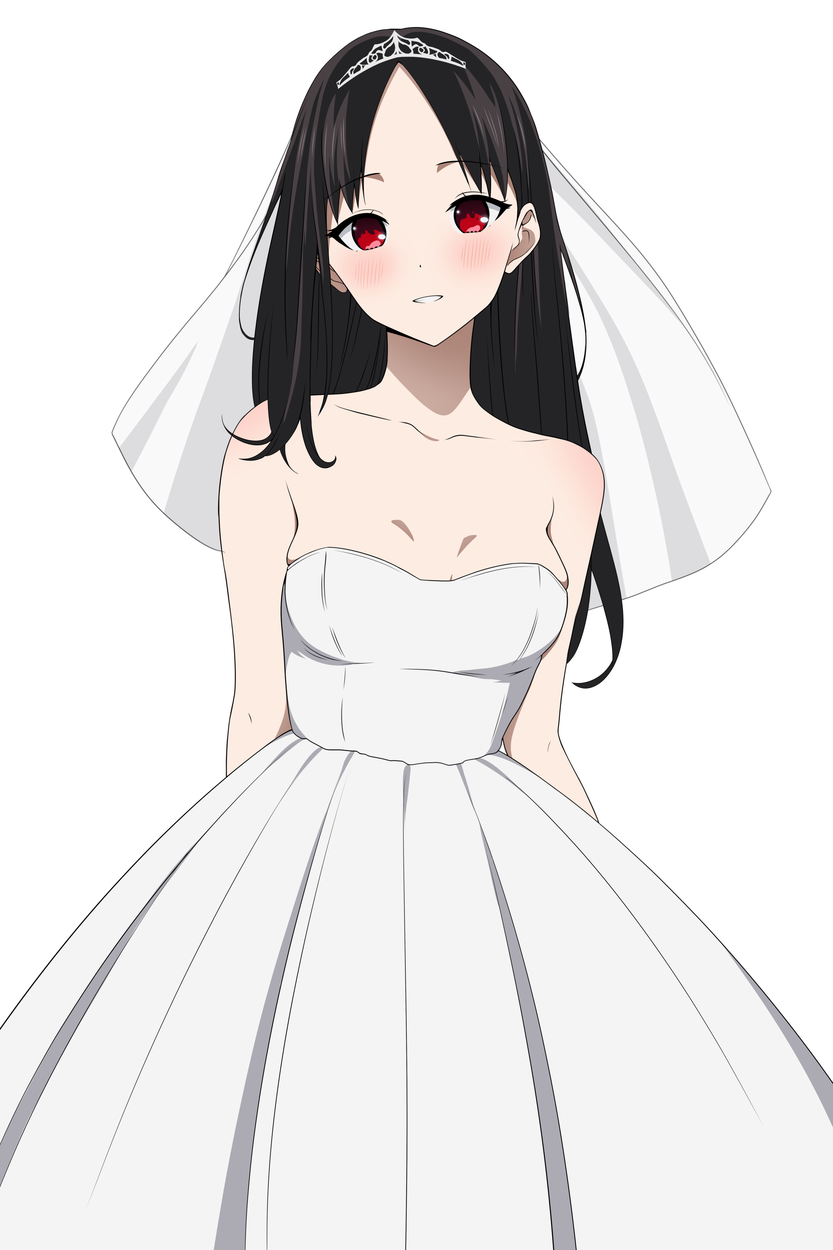 1girls, accurate art style, bare shoulders, black hair, blush, breasts, bride, chest, cleavage, collarbone, coro fae, cute, dress, embarrassed, female, female only, fully clothed, head tilt, highres, kaguya-sama wa kokurasetai ~tensai-tachi no renai zunousen~, light skin, light-skinned female, long hair, looking at viewer, official style, red eyes, shinomiya kaguya, small breasts, smile, solo, tiara, veil, wedding dress, white background, white dress
