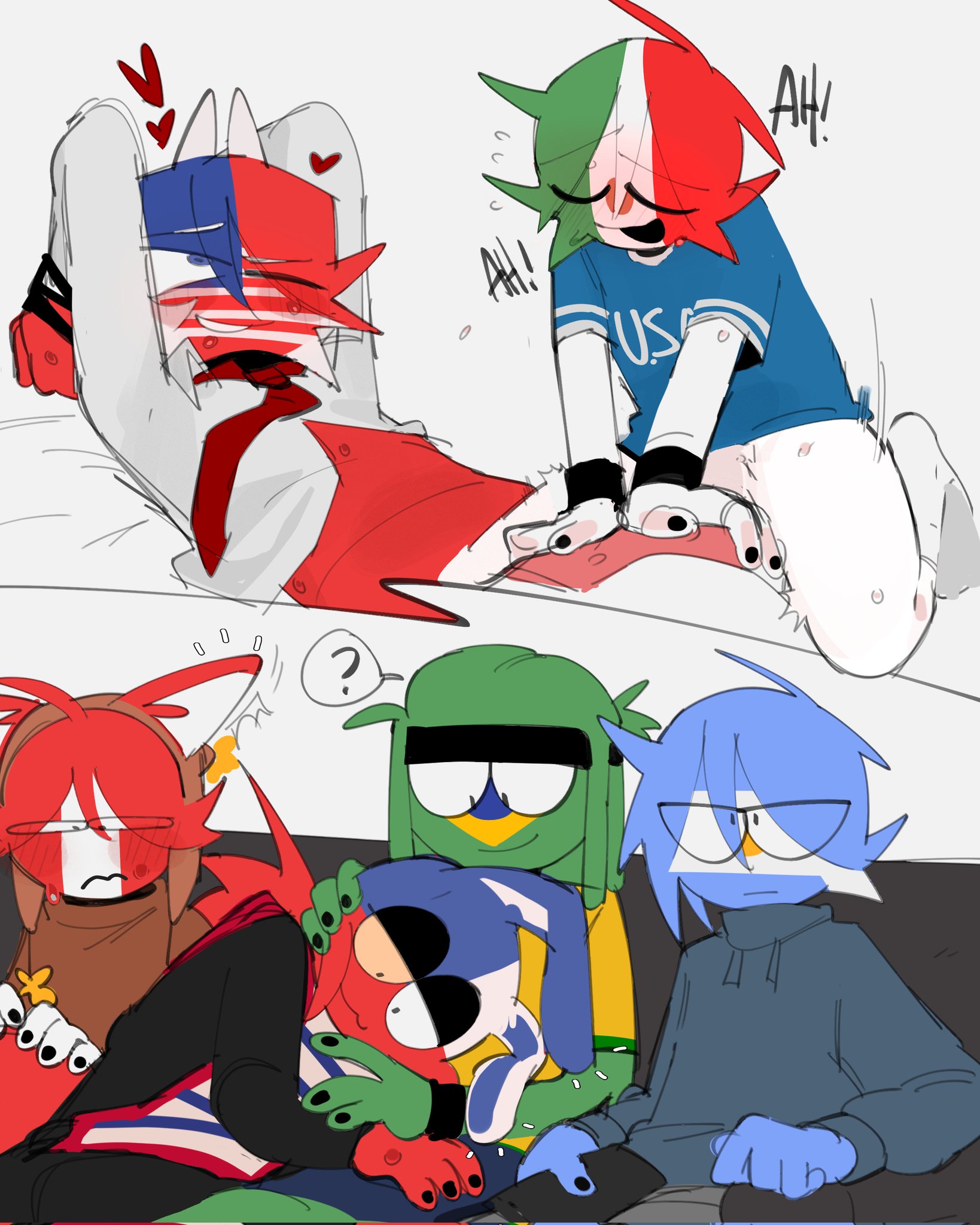 ?, ailewzol, animal ears, argentina (countryhumans), brazil (countryhumans), chile (countryhumans), clothing, countryhumans, gay, gay sex, male, mexico (countryhumans), multiple boys, multiple males, peru (countryhumans), simple background, text, united states of america (countryhumans), white background, yaoi