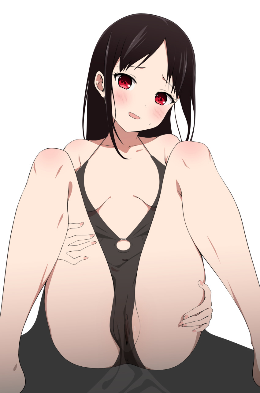 1girls accurate_art_style ass black_hair blush coro_fae dress hands_on_legs hands_on_thighs holding_legs inviting kaguya-sama_wa_kokurasetai_~tensai-tachi_no_renai_zunousen~ legs_apart m_legs no_bra no_panties official_style partially_visible_vulva pussy pussy_slip pussy_visible_through_clothes red_eyes see-through see-through_clothing shinomiya_kaguya sitting solo spread_legs third-party_edit translucent_clothing uncensored