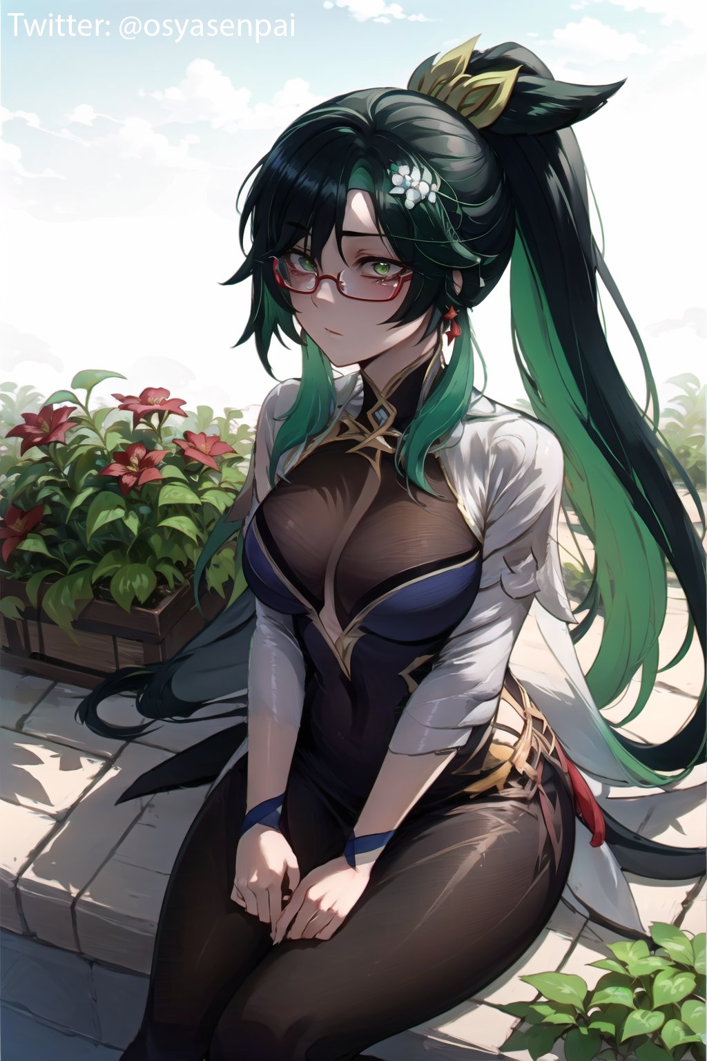 1girls, 2023, ai generated, big breasts, breasts, clothed, clothed female, female, female only, genshin impact, glasses, green eyes, green hair, looking at viewer, mihoyo, osyasenpai, outdoors, ponytail, realistic proportions, sfw, solo, solo female, stable diffusion, xianyun (genshin impact)