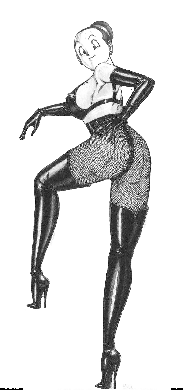 1girls chichi dominatrix dragon_ball dragon_ball_z female female_only fishnets latex long_gloves monochrome pandoras_box solo tagme thigh_boots