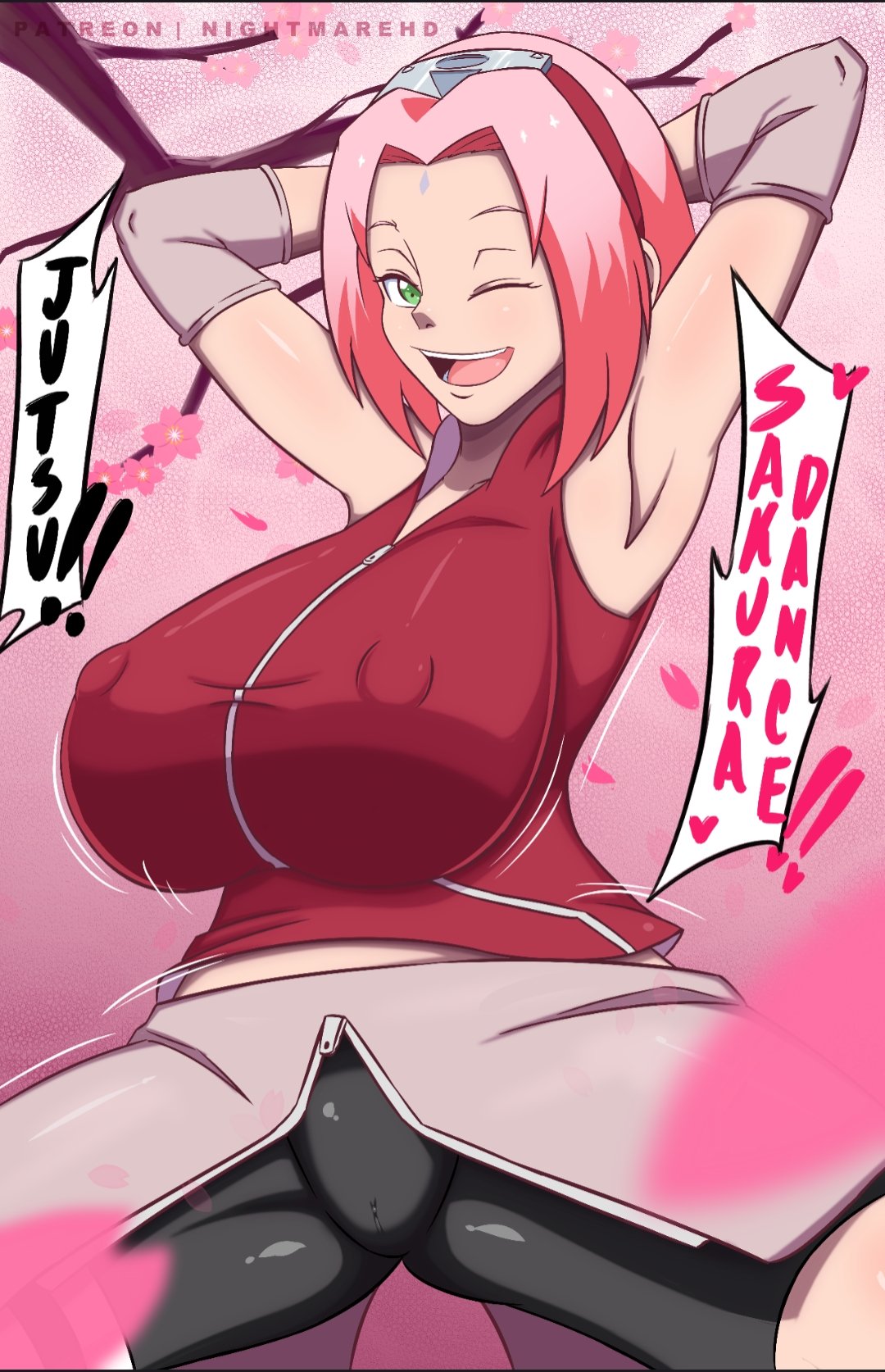 1girls, alternate breast size, armpit fetish, armpits, arms behind head, arms up, big breasts, bike shorts, bob cut, breasts, busty, cameltoe, cherry blossoms, clothed, clothing, curvaceous, curvy, curvy body, curvy female, curvy figure, dialogue, elbow pads, english text, erect nipples, erect nipples under clothes, female, female focus, female only, flower, flowers, forehead jewel, forehead mark, fully clothed, green eyes, hands behind head, headband, hi res, high resolution, highres, huge breasts, large breasts, medium hair, naruto, naruto (series), naruto shippuden, nightmare hdraw, nipple bulge, nipples, nipples visible through clothing, one eye closed, open mouth, pink hair, pinup, pose, posing, pussy, sakura haruno, shorts, shoulder length hair, shounen jump, skimpy, skimpy clothes, skirt, smile, smiling, solo, solo female, solo focus, speech bubble, squatting, standing, text, tight clothes, tight pants, voluptuous, voluptuous female, wink