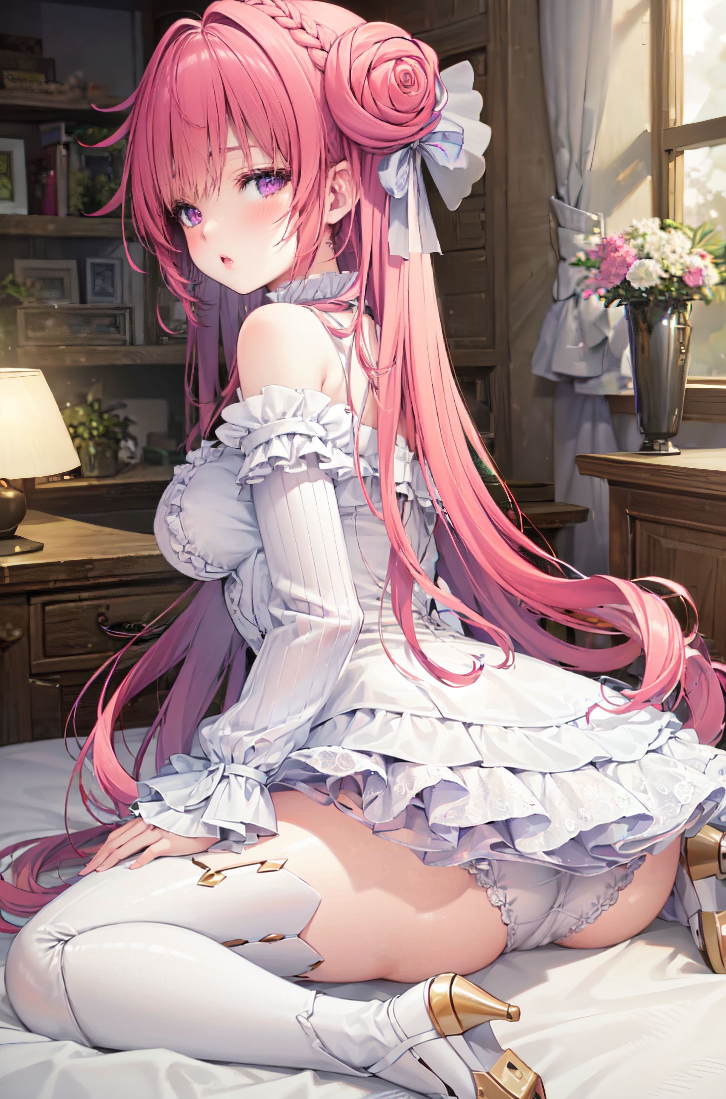 ai generated, ass, bare shoulders, bed, blush, boots, breasts, cameltoe, detached sleeves, dorothy (nikke), dress, female, from behind, goddess of victory: nikke, hair bun, hair ribbon, high heel boots, high heels, long hair, looking at viewer, looking back, medium breasts, panties, pink hair, purple eyes, pussy, shiny, shiny clothes, shiny hair, shiny skin, short dress, sideboob, skirt, solo, thick thighs, thigh boots, thighhighs, very long hair, wariza