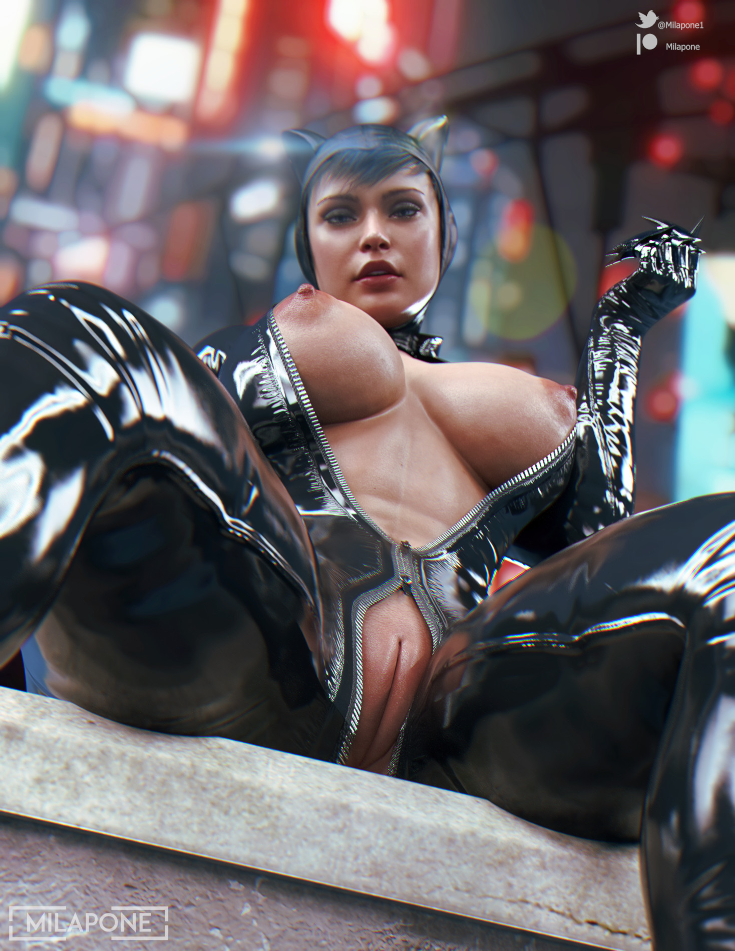 1girls, 3d, abs, alternate version available, areolae, ass, batman (series), belly button, big ass, big breasts, black bodysuit, bodysuit, breast slip, breasts, breasts out, cat ears, catwoman, catwoman (injustice), claws, curvaceous, curvy, dc, dc comics, exposed breasts, female, female only, goggles, goggles on head, hourglass figure, injustice 2, large breasts, latex, looking at viewer, milapone, nipples, open bodysuit, pussy, selina kyle, solo, thick thighs, unzipped bodysuit, vagina, wide hips