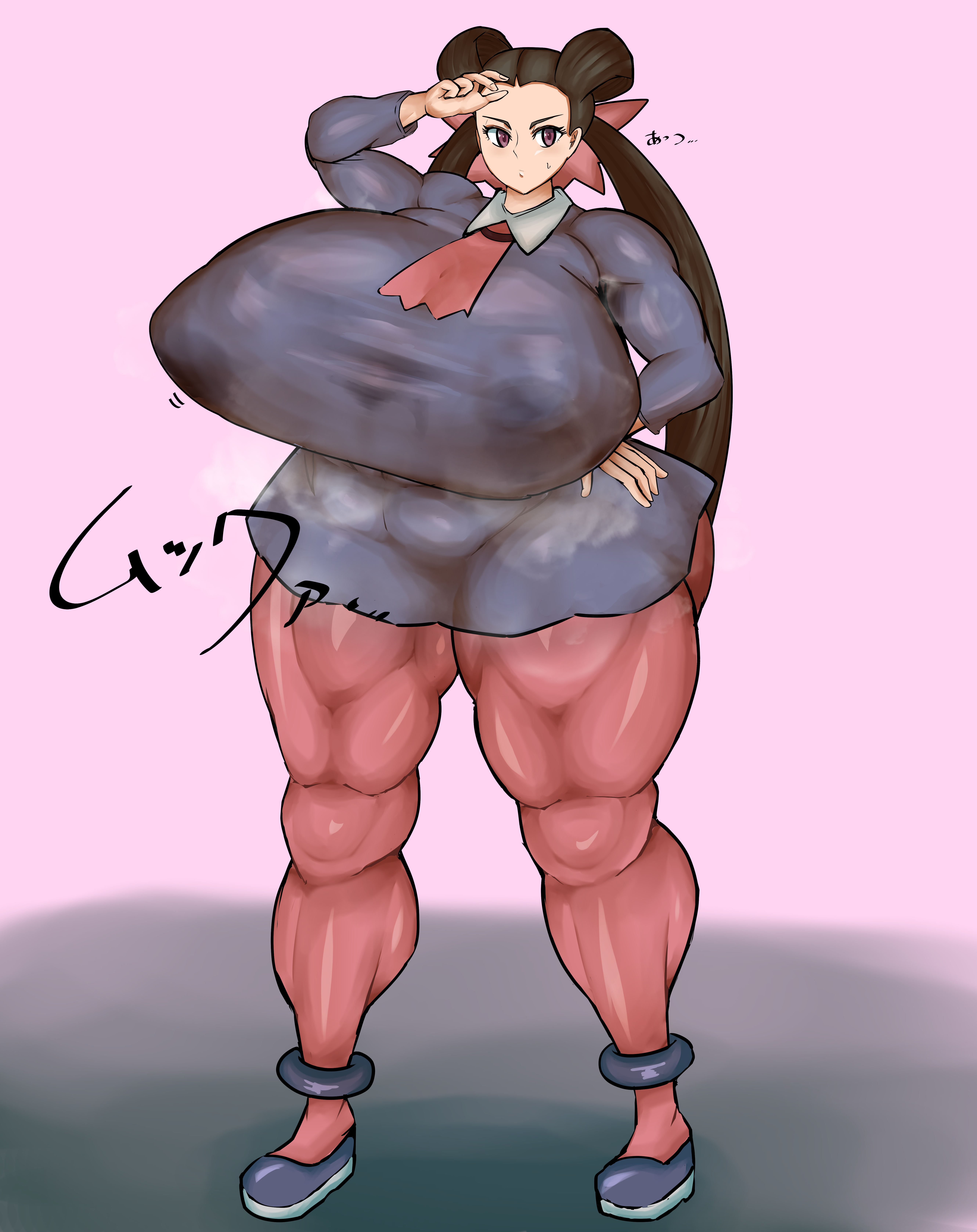 bbw, breasts, breasts bigger than head, brown hair, clothed, female, game freak, giant breasts, gym leader, huge breasts, hyper, hyper breasts, large breasts, musk, musk clouds, nintendo, plump, plump breasts, plump thighs, pokemon, pokemon rse, ponkotsuu, reimin 1234, roxanne (pokemon rse), roxanne (pokemon), steam, steaming body, venus body