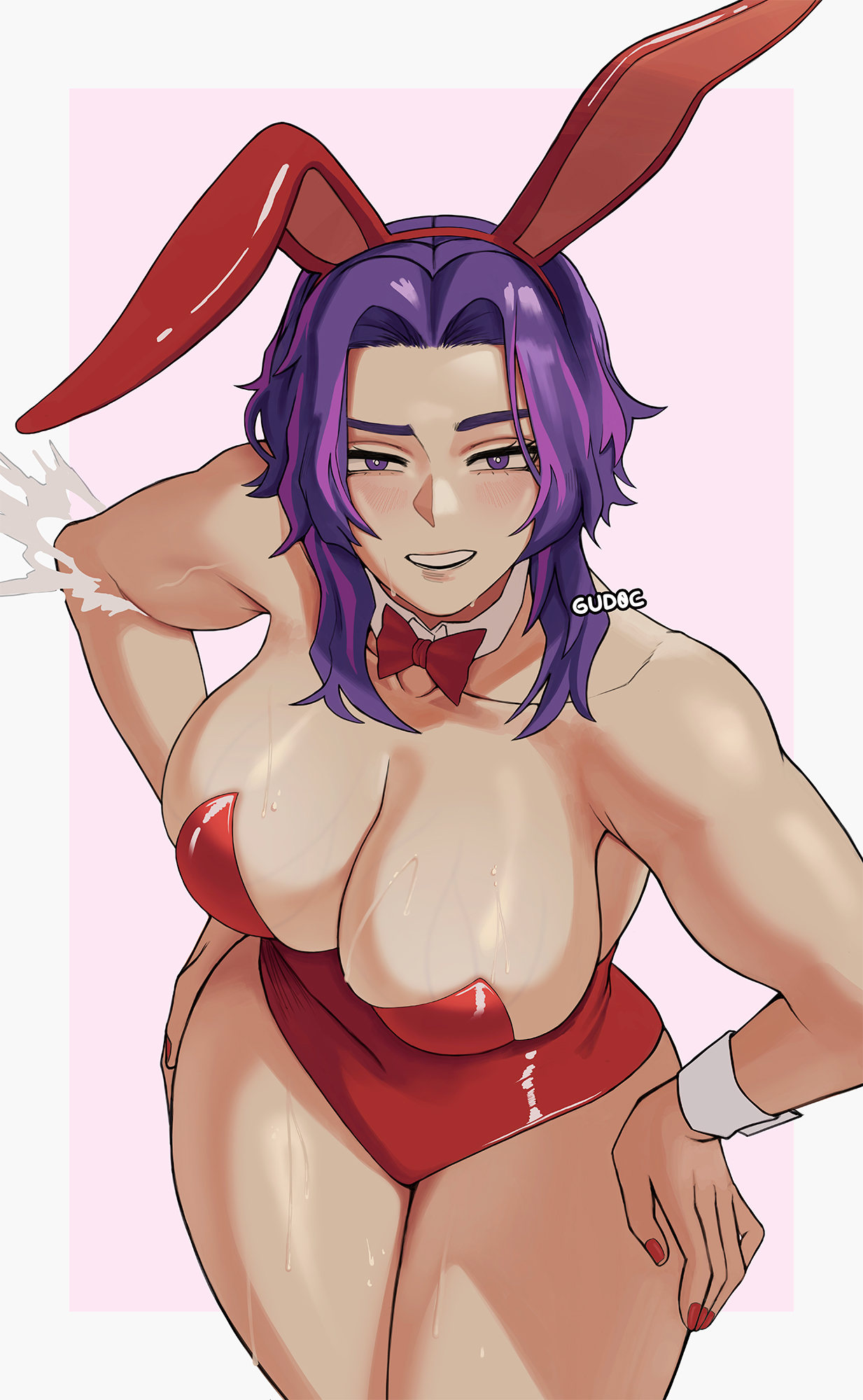 1girls, big breasts, breasts, bunny ears, bunnysuit, cleavage, clothed, clothed female, exposed thighs, female, female focus, female only, gud0c, lady nagant, looking at viewer, multicolored hair, my hero academia, nail polish, painted nails, purple hair, purple-haired female, red clothing, red nail polish, solo, solo female, solo focus, standing, tagme, teeth, thick thighs, thighs, veiny breasts, wide hips