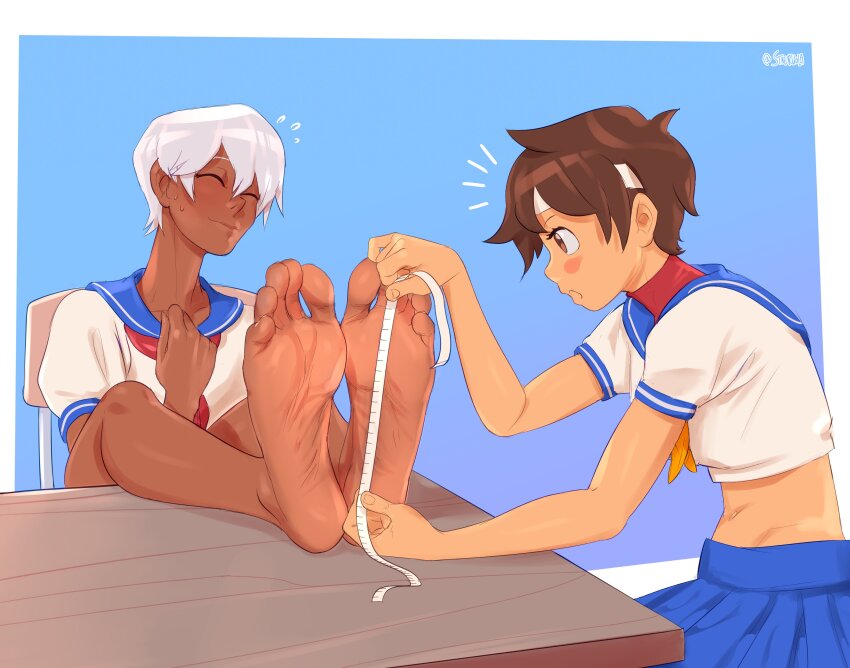 2girls, asian, asian female, barefoot, big feet, blush, brown hair, capcom, closed eyes, dark skin, dark-skinned female, elena (street fighter), embarrassed, feet, feet up, female, female only, flying sweatdrops, foot fetish, foot focus, fully clothed, greek toe, long toes, measuring, midriff, multiple females, multiple girls, sakura kasugano, school uniform, short hair, skirt, smile, soles, staerk, street fighter, tall female, taller female, toes, very short hair, white hair, wrinkled feet, wrinkled soles