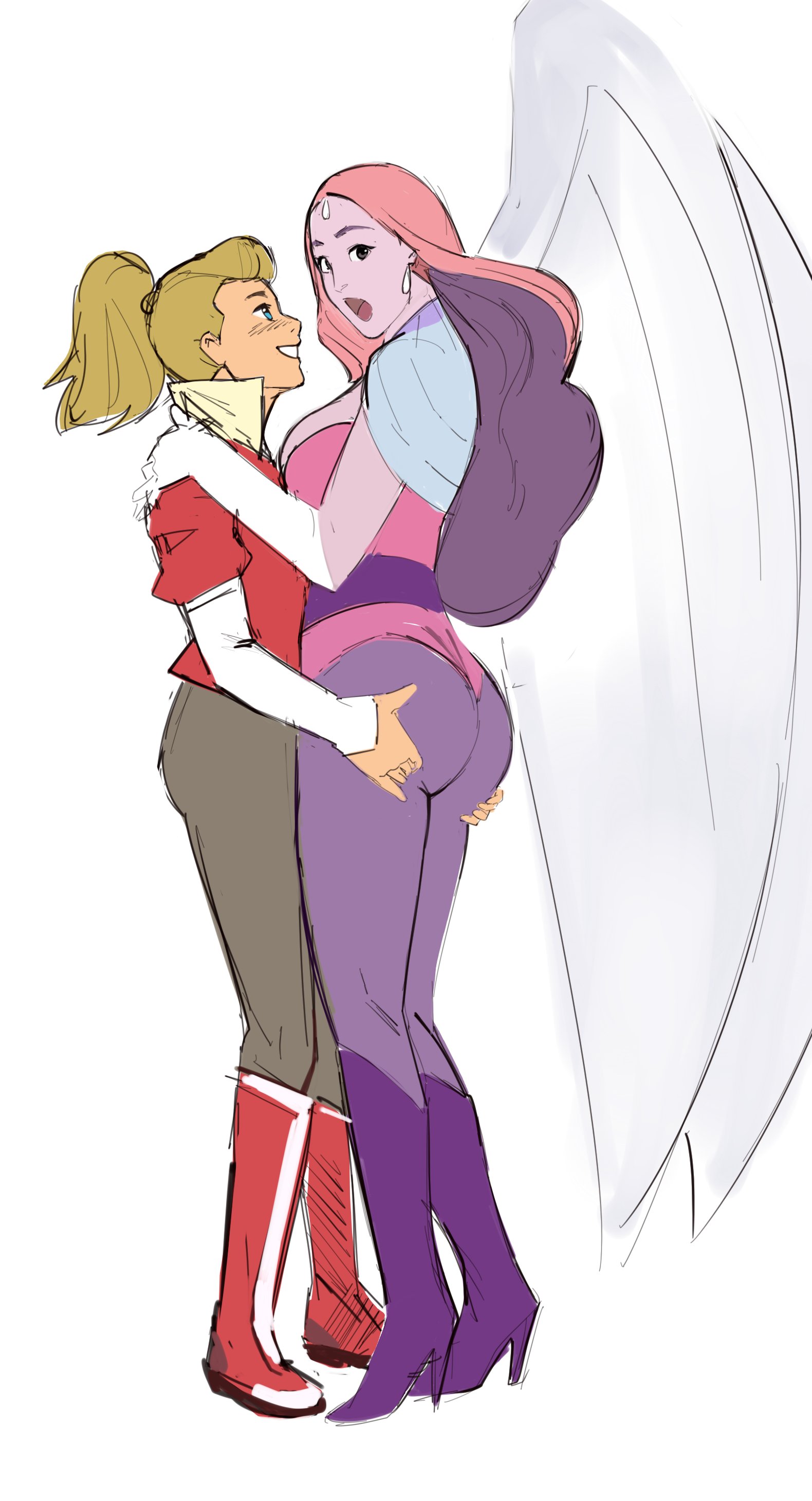 2020s, 2023, 2girls, adora, age difference, angel wings, ass, ass grab, biconti, blonde female, blonde hair, blue eyes, blush, bodysuit, boots, breasts, caught, clothing, duo, earrings, female, female only, grey pants, hands on shoulders, hi res, high heel boots, high heels, human, imminent kiss, jacket, large ass, large breasts, larger female, light skin, light-skinned female, long hair, looking at viewer, looking up, milf, older female, open mouth, pants, pink bodysuit, pink hair, pink skin, ponytail, purple hair, purple high heels, purple pants, queen angella, red boots, red jacket, she-ra and the princesses of power, shirt, shocked, simple background, size difference, sketch, smaller female, two-tone hair, very long hair, white background, white shirt, white wings, wings, younger female, yuri