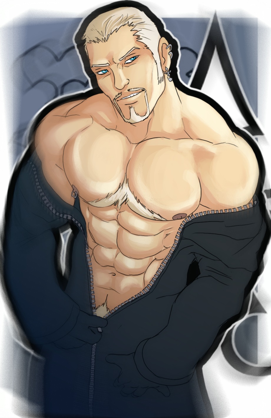 artist_request black_clothing chest_hair coat ear_piercing facial_hair gloves kingdom_hearts luxord male male_only nobody_(kingdom_hearts) organization_xiii solo solo_male undressing unzipping