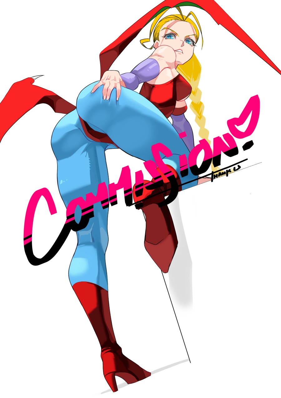 blonde_hair blue_eyes blue_pantyhose boots braid cammy_white clothing commission cosplay darkstalkers hand_on_own_ass highres leotard lilith_aensland lilith_aensland_(cosplay) looking_back pantyhose small_breasts street_fighter tngkbmarlon white_background