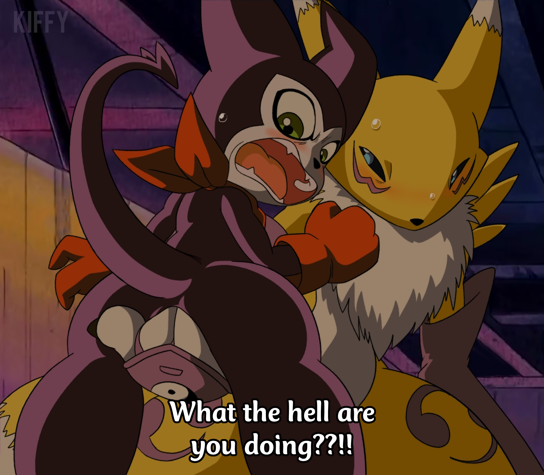 anthro, armwear, ass, bandai namco, black pupils, black sclera, blue eyes, blush, bridal gauntlets, chest tuft, clothing, digimon, digimon (species), dipstick ears, duo, english text, exclamation point, female, female fingering, female fingering male, female fox, female penetrating, female penetrating male, fox, gay, hand on crotch, hi res, homosexual, imp, impmon, kerchief, kiffy (artist), looking back, male, male fingered, male penetrated, male/female, multicolored body, multicolored ears, nude, open mouth, pupils, purple body, question mark, renamon, text, tuft, two-tone body, vixen