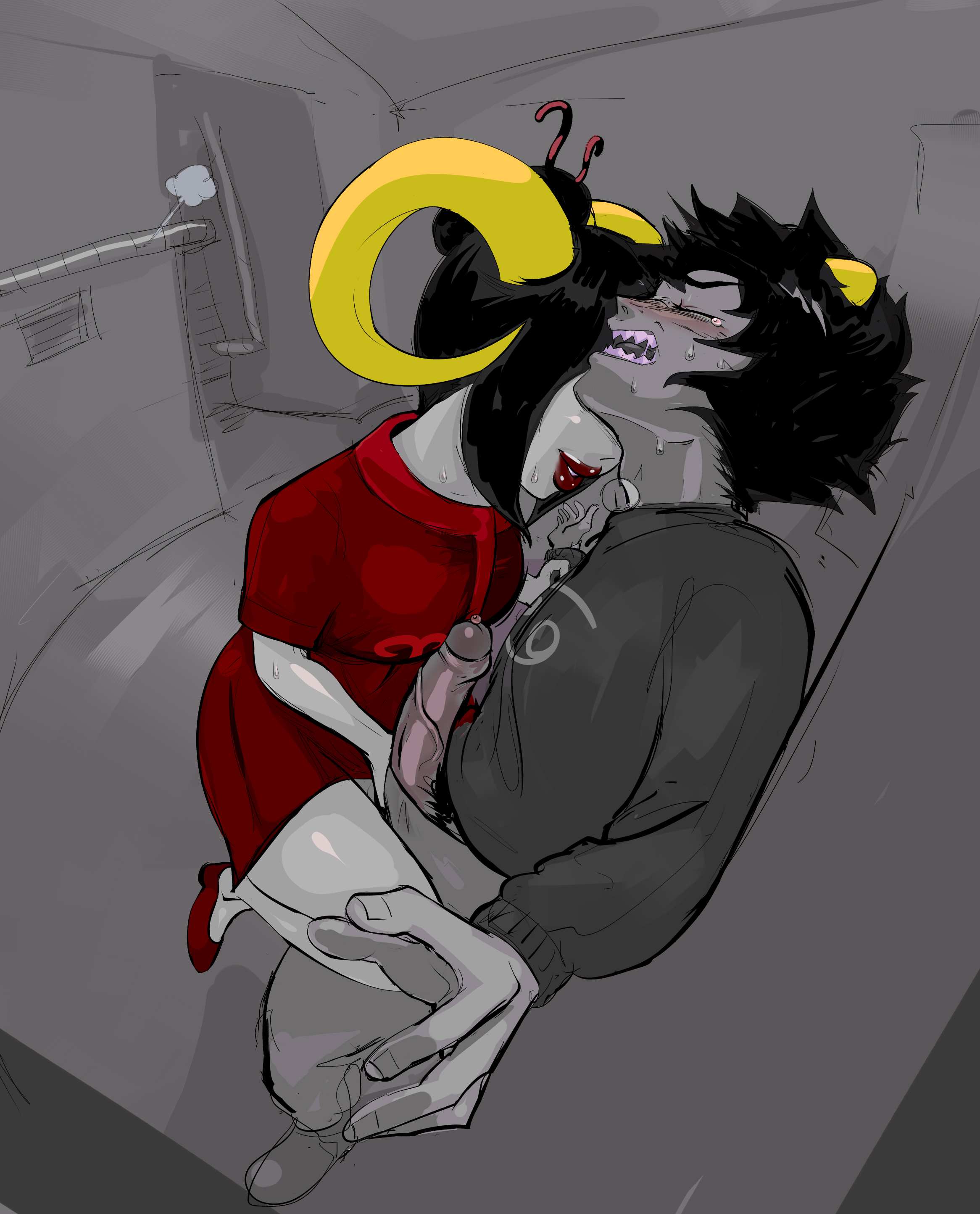 1boy, 1girls, against wall, black hair, blush, closed eyes, damara megido, dress, female, homestuck, horns, karkat vantas, leg up, lysanthum, male, penis, red dress, red lipstick, rubbing penis, tagme, touching penis