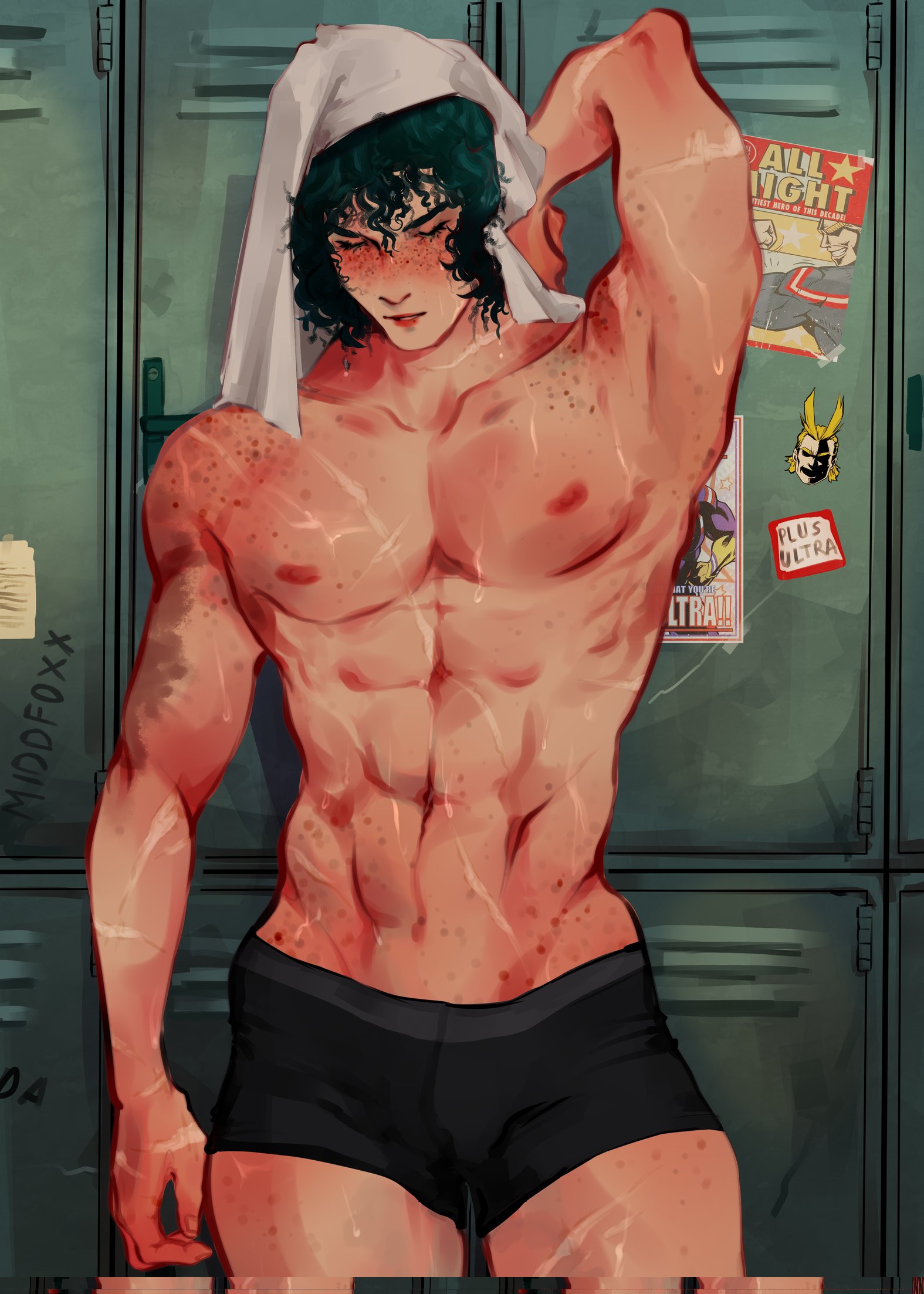 1boy, abs, adonis belt, arm up, armpits, athletic, athletic male, bara, beefy, bulge, bulge through clothing, closed eyes, green hair, half-dressed, hunk, izuku midoriya, locker, locker room, male, male focus, male nipples, male only, middfoxx, muscular, muscular male, my hero academia, navel, nipples, pecs, penis, penis bulge, scars, topless, underwear, wide shoulders, yaoi
