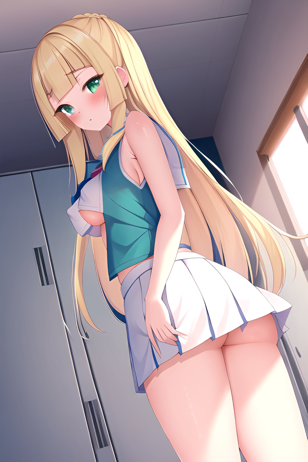 1girls, ai generated, ass, blonde hair, female, female only, green eyes, lillie (pokemon), long hair, nintendo, no panties, pokemon, pokemon sm, skirt, upskirt