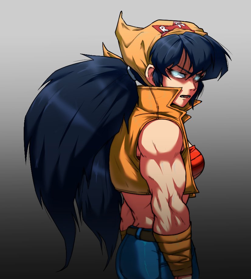 1girls android android_22 angry artist_name black_hair blue_eyes breasts dragon_ball dragon_ball_z jeans light_eyes long_hair looking_at_viewer looking_back muscular_arms muscular_female oc open_mouth original_character serious serious_look solo solo_female twintails