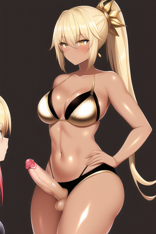 ai_generated bikini blonde_hair blush brown_background dark-skinned_female dark_skin futa_on_female futanari gold_eyes hair_ornament hand_on_hip highres long_hair medium_breasts nai_diffusion original original_character rubycks shiny_skin smile smiling toned_female