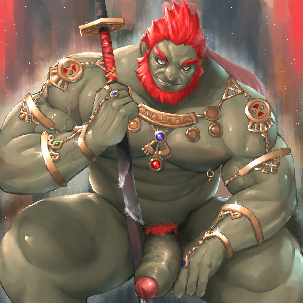 balls bara beard big_penis boner erection facial_hair ganondorf ganondorf_(tears_of_the_kingdom) gerudo gold_jewelry green_skin m7 male male_only muscles muscular nintendo nude penis red_hair solo solo_male spread_legs sword tears_of_the_kingdom the_legend_of_zelda