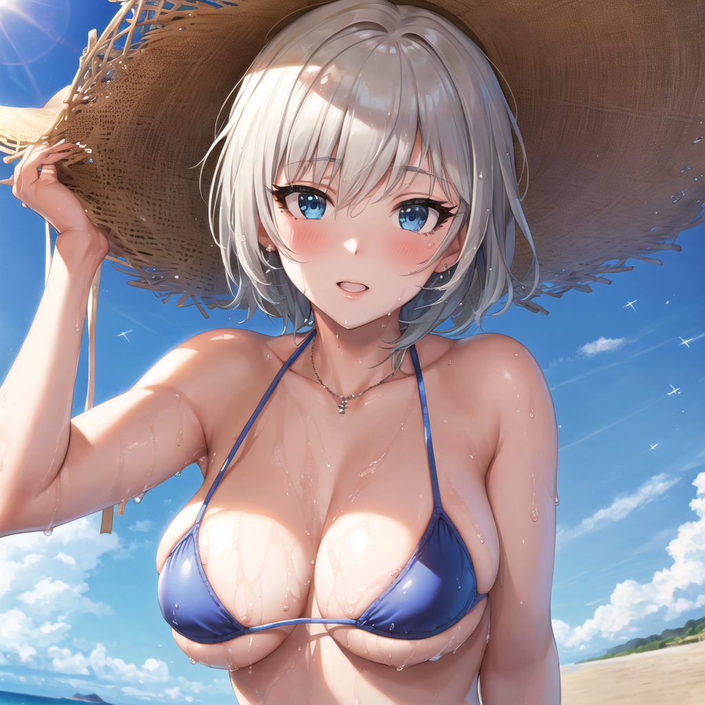 1girls ai_generated anastasia_(idolmaster) curvaceous curvy curvy_female hi_res looking_at_viewer short_hair silver_hair solo_focus stable_diffusion straw_hat the_idolm@ster voluptuous_female