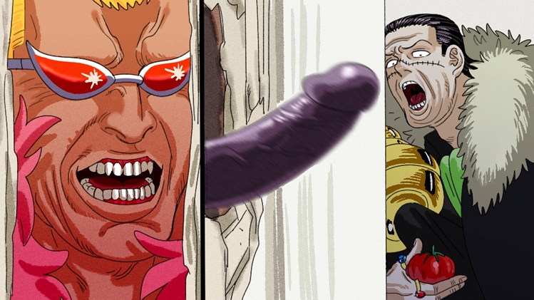 2boys black_hair blonde_hair disembodied_penis donquixote_doflamingo erection funny gay here's_johnny! humor male male_only meme mg_cls motion_blur one_piece parody penis scared sir_crocodile sunglasses the_shining tomato uncensored yaoi