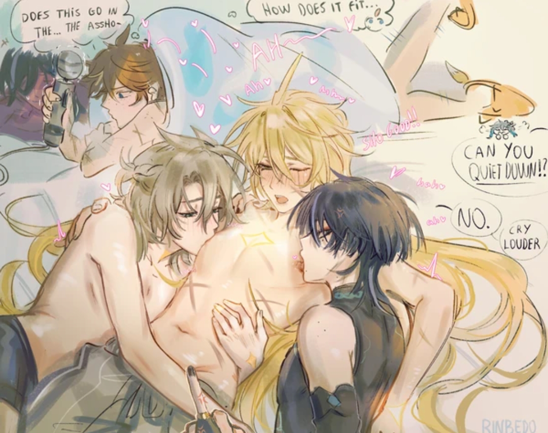6boys, aether (genshin impact), albedo (genshin impact), bed, blonde hair, childe (genshin impact), english text, femboy, gay, genshin impact, licking nipples, long hair, male, nipples, purple hair, rinbedo, scaramouche (genshin impact), sex toy, tartaglia (genshin impact), threesome, venti (genshin impact), vibrator, yaoi