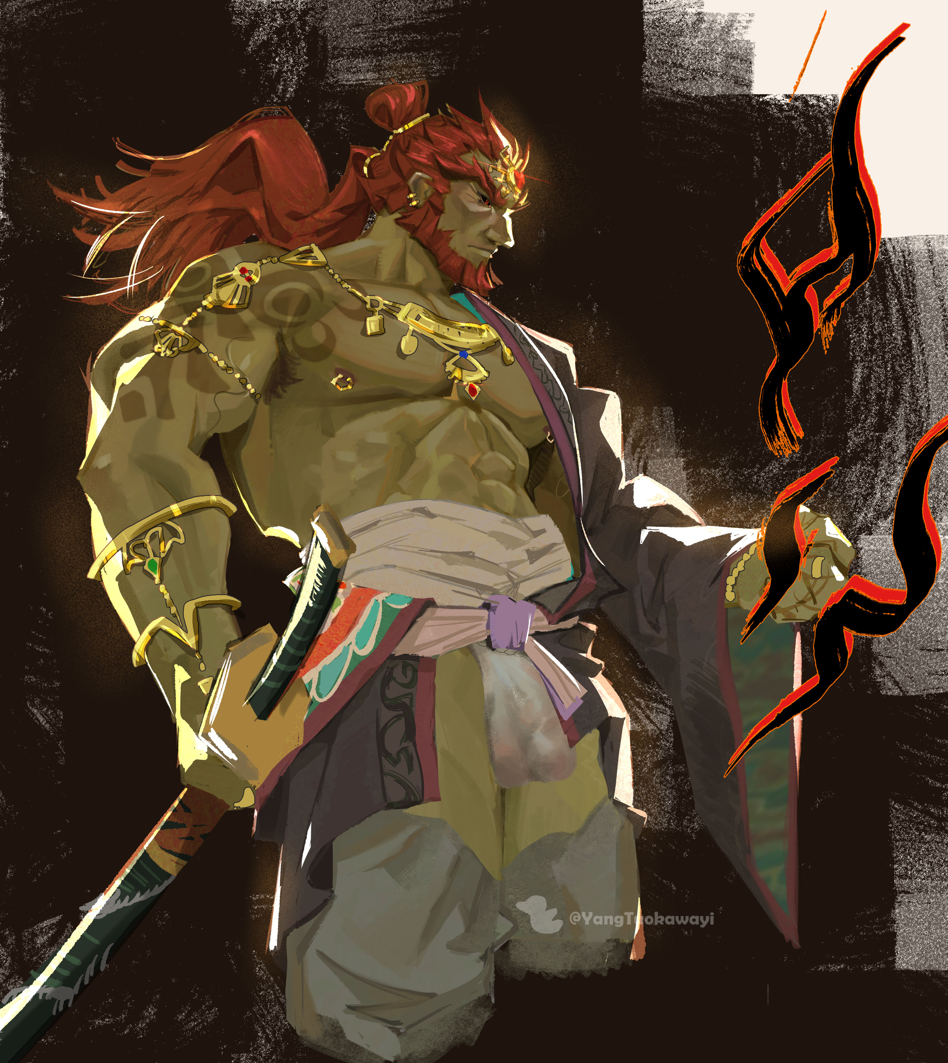 balls, bara, beard, bulge, facial hair, flaccid, ganondorf, ganondorf (tears of the kingdom), gerudo, gold jewelry, green skin, male, male only, muscles, muscular, nintendo, nipple piercing, nipples, partially clothed, penis, piercing, red hair, solo, solo male, sword, tears of the kingdom, the legend of zelda, yangtuokawayi, yaoi