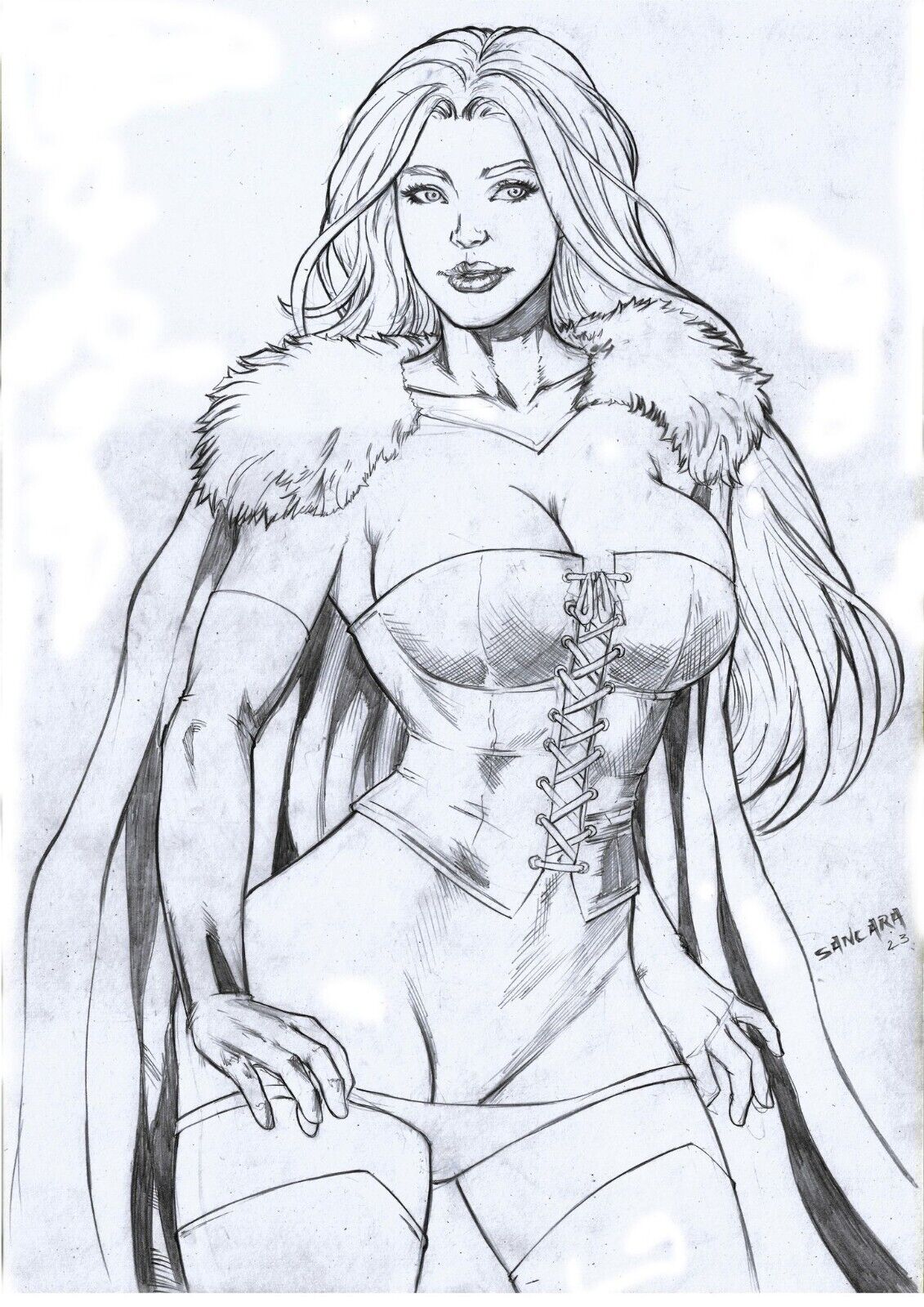 black_and_white cape corset curvy curvy_female elbow_gloves emma_frost female hellfire_club hourglass_figure inkbirdartstudio line_art lingerie marvel marvel_comics panties panties_down sancara shaved_pussy white_queen x-men