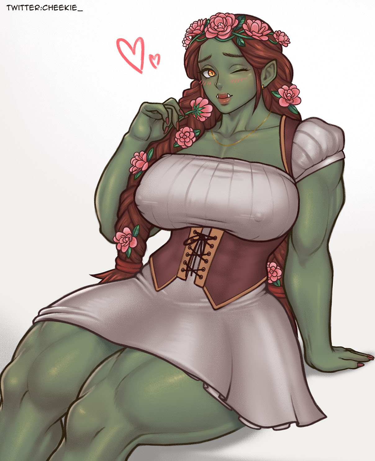 1girls, artist name, big breasts, blush, braided twintails, breasts, brown hair, cheekie0, dress, fangs, female, female only, flower in hair, green skin, heart, hi res, leaning on hand, long hair, looking at viewer, muscular, muscular female, muscular thighs, nipple bulge, orc, orc female, pointy ears, red lips, sitting, solo, twintails, white background, wink, winking at viewer, yellow eyes