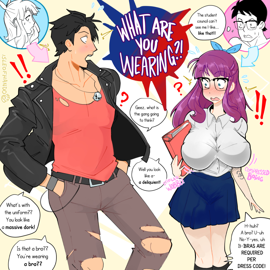 body_swap bra_visible_through_clothes dialogue huge_breasts isleofhando nerd punk purple_hair ribbon ribbon_in_hair ripped_clothing school_uniform skirt tagme