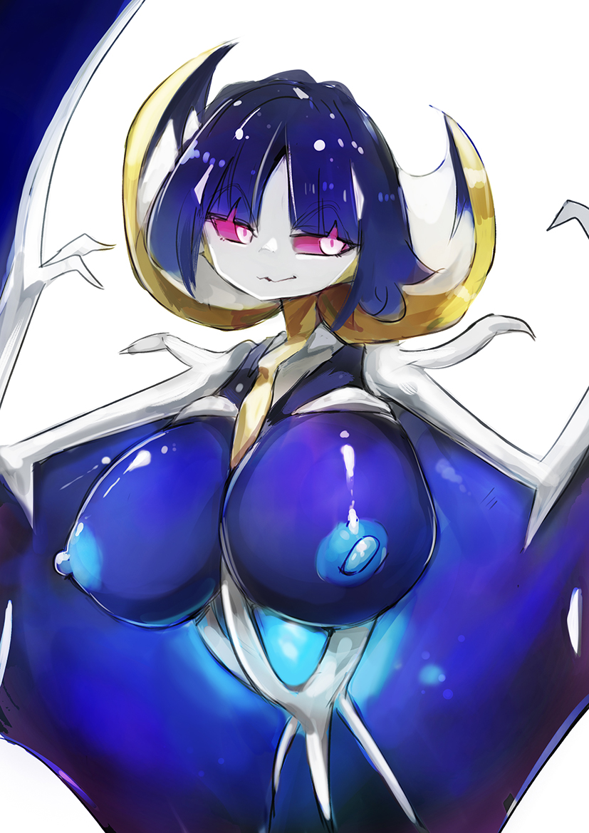 1girls, anthro, areolae, big breasts, blue areola, blue body, blue hair, breasts, color, female, female only, generation 7 pokemon, highres, legendary pokemon, lunala, magenta eyes, menyang, my700, nintendo, nipples, pink eyes, pokémon (species), pokemon, pokemon (species), pokemon only, white background