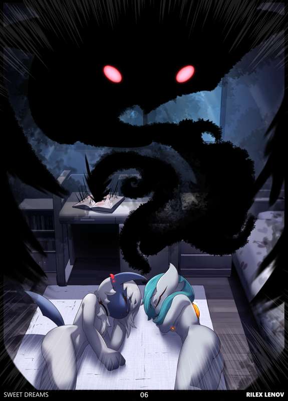 2girls absol blue_hair comic creature english_text female female_only gardevoir multiple_girls page_6 pokemon pokemon_(species) rilex_lenov shadow shadow_creature shiny_pokemon sleeping sweet_dreams(comic) tagme text white_hair yuri