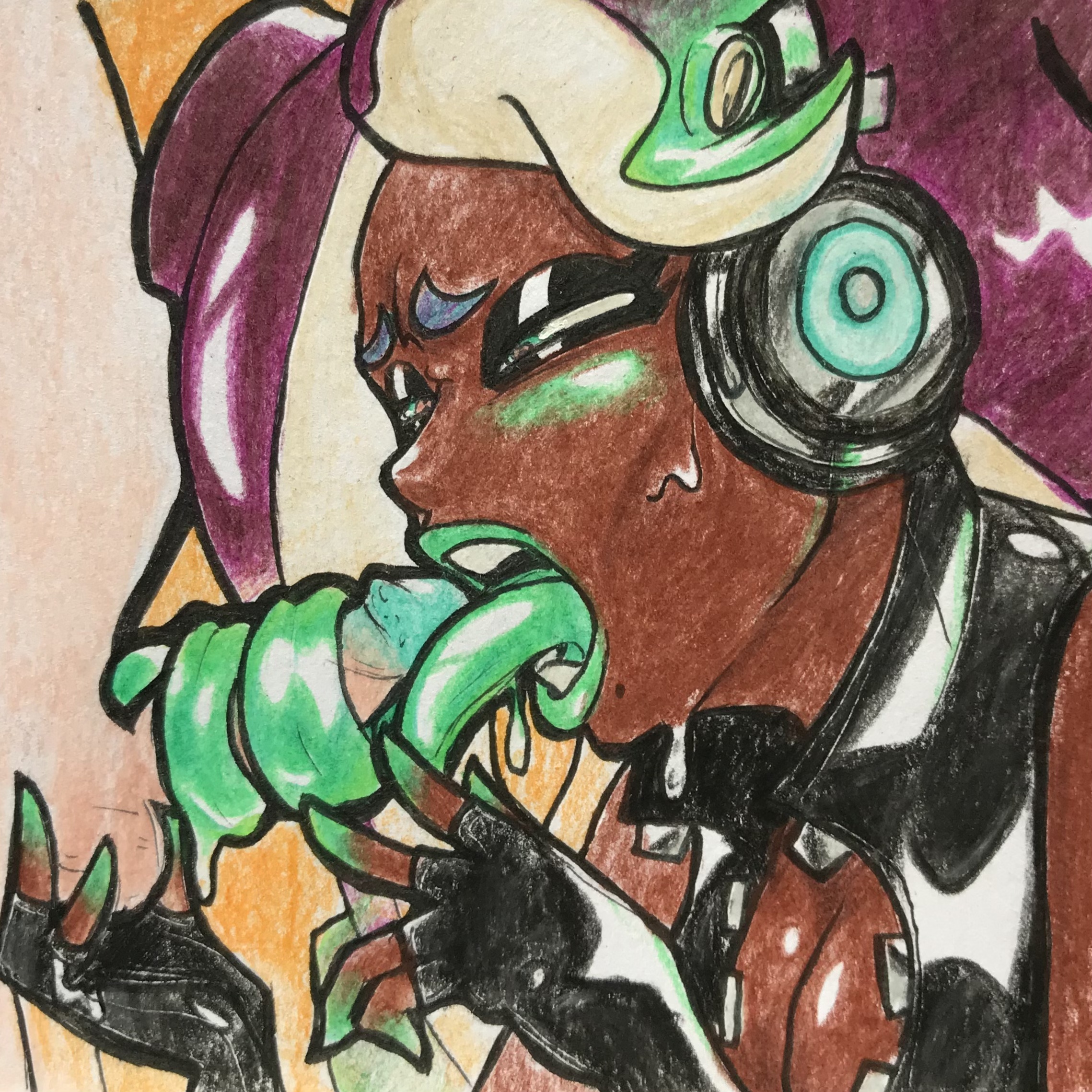 1boy, 1girls, blowjob, female, female focus, latex, lipstick, long tongue, makeup, male, marina (splatoon), oh gosh levi, oral, penis, splatoon, sucking penis, tongue, tongue out, tongue wrap, tongue wrapped around penis