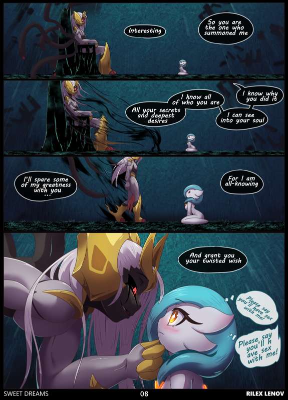 blue gardevoir, blue hair, comic, dialogue, english text, gardevoir, giratina, orange eyes, page 8, pokemon, pokemon (species), red eyes, rilex lenov, shiny gardevoir, shiny pokemon, speech bubble, sweet dreams (comic), tagme, text