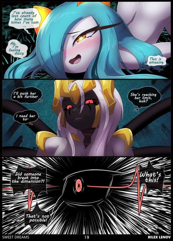 anthro blue_hair comic dialogue english_text fucked_silly giratina kirlia orange_eyes page_19 pleasure_face pokemon pokemon_(species) red_eyes rilex_lenov shiny_pokemon speech_bubble sweet_dreams(comic) tagme text thought_bubble