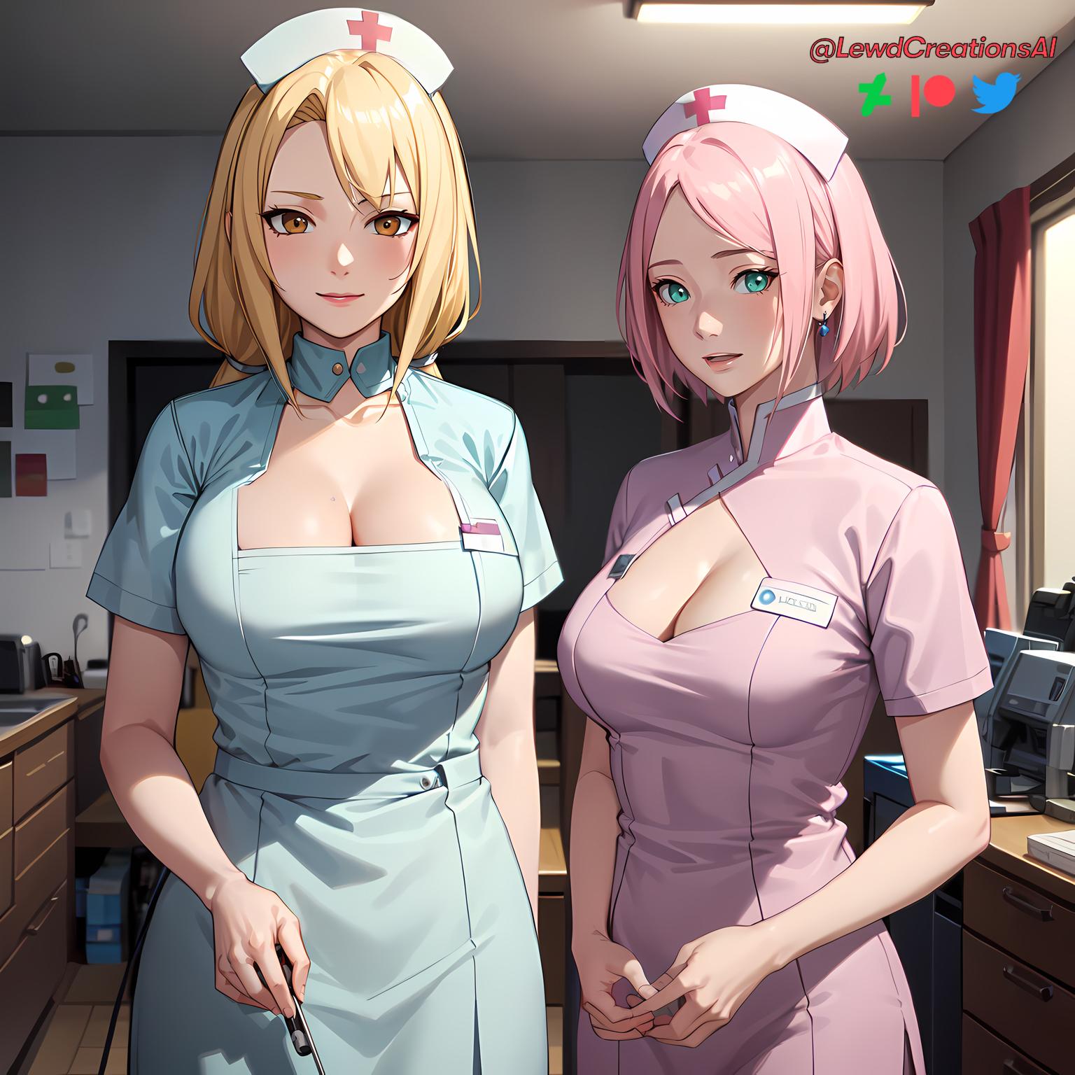 2girls, ai generated, big breasts, blonde female, blonde hair, blush, breasts, brown eyes, cleavage, female, female only, green eyes, haruno sakura, lewdcreationsai, looking at viewer, multiple females, multiple girls, naruto, naruto (series), naruto shippuden, nurse, nurse cap, nurse clothing, nurse hat, nurse uniform, pink hair, sakura haruno, teacher and student, tsunade