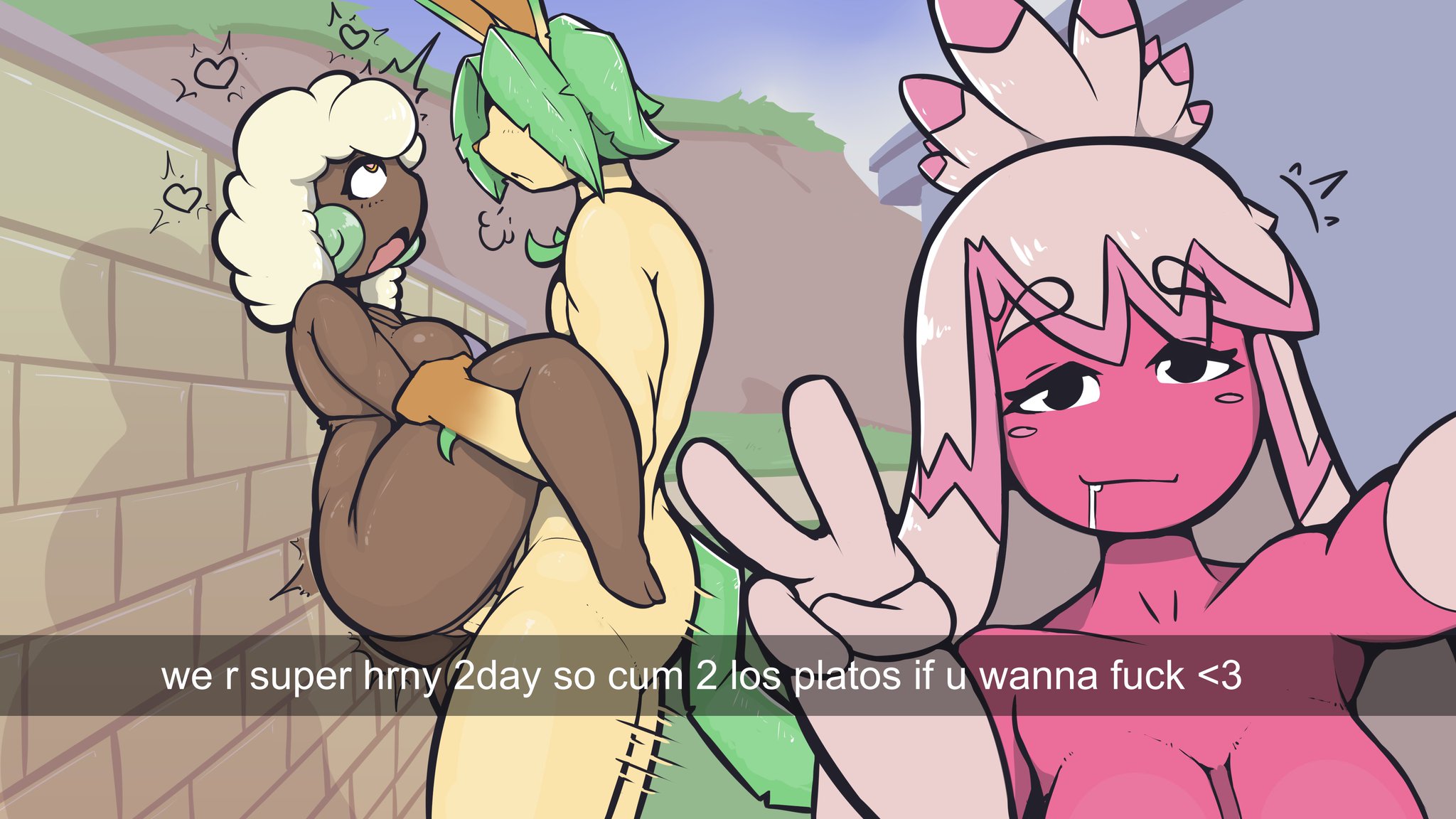 1boy, 2022, 2girls, against wall, anthro, breasts, carrying, casual sex, dark skin, dark-skinned female, drooling, eeveelution, female, free use, furry, grass type, heart, holding, humanoid, leafeon, long hair, male, male leafeon, motion lines, nintendo, peace sign, penetration, pink body, plant girl, plant humanoid, plantie, pleasure face, pokemon, pokemon (species), pokemon bw, pokemon sv, quin-nsfw, selfie, sex, smile, text, tinkaton, whimsicott