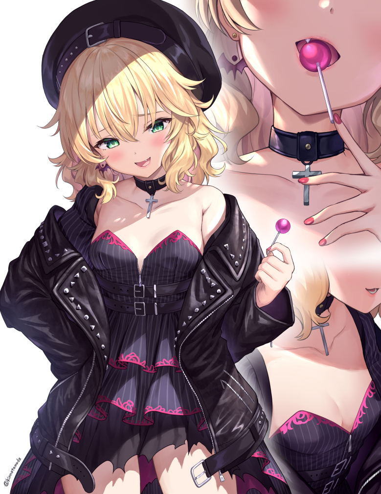 1girls beret blonde_hair blush candy clothed clothing female female_only food green_eyes hat idolmaster idolmaster_cinderella_girls kinnotamadx light-skinned_female light_skin lollipop sakurai_momoka small_breasts solo