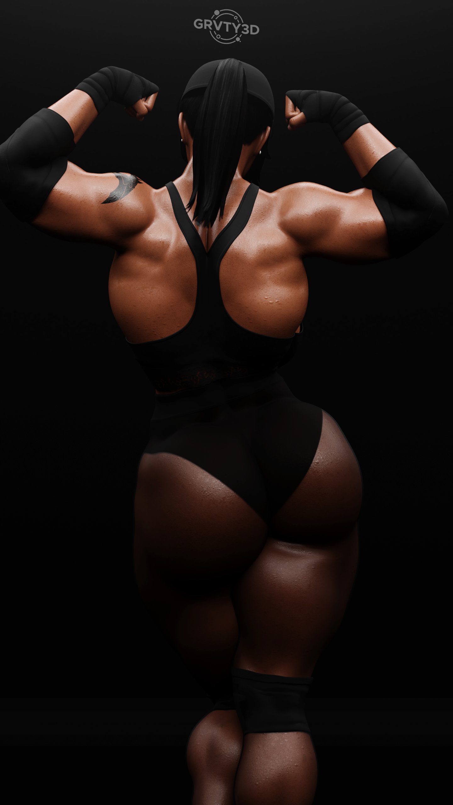1girls, 3d, ass, ass focus, back muscles, big ass, big breasts, big butt, black hair, black legwear, black panties, blender (software), blizzard entertainment, breasts, cap, dark skin, dark-skinned female, female, grvty3d, headgear, headwear, muscles, muscular, muscular female, overwatch, pantyhose, pharah, sideboob, simple background, sneakers, socks, solo, solo female, solo focus, sports bra, sportswear, tagme, tan body, tanline, thick thighs, thighs, toned