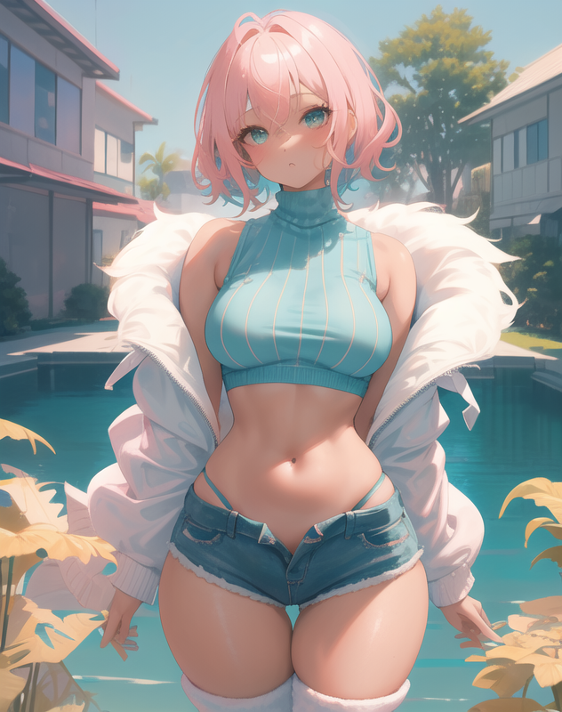 1girls 2023 ai_generated ai_hands anime_nose blue_eyes clothed_female denim_shorts fur_coat jacket_off_shoulders jean_shorts original_character pink_hair pool short_shorts shorts shortstack sleeveless_sweater sleeveless_turtleneck stable_diffusion thighhighs thong thong_straps undercolor_(hair)